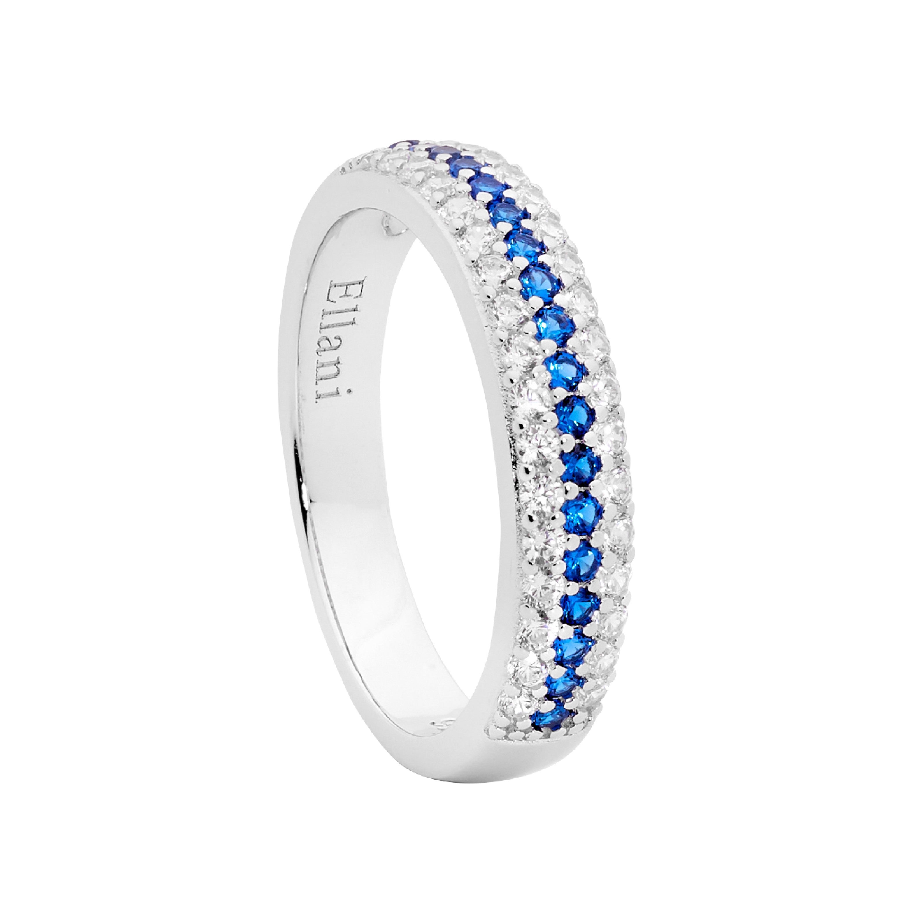 ELLANI Silver Dark Blue CZ 3-Row Ring