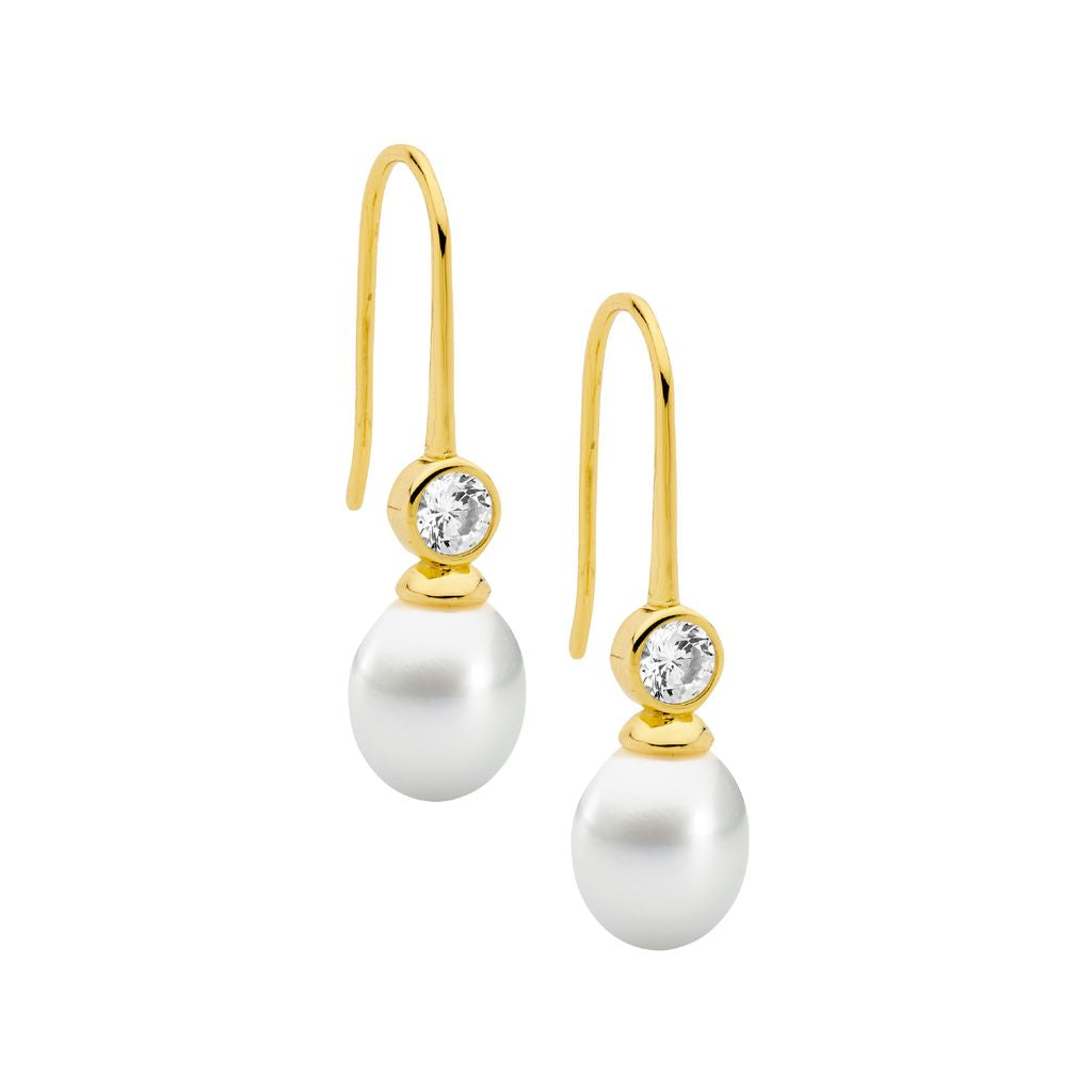 ELLANI Sterling Silver Plated Freshwater Pearl Earrings with CZ