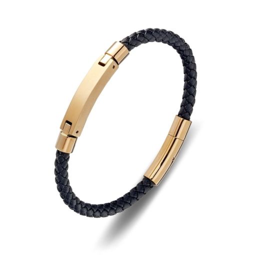 Black Leather Bracelet with Gold Plated ID Plate