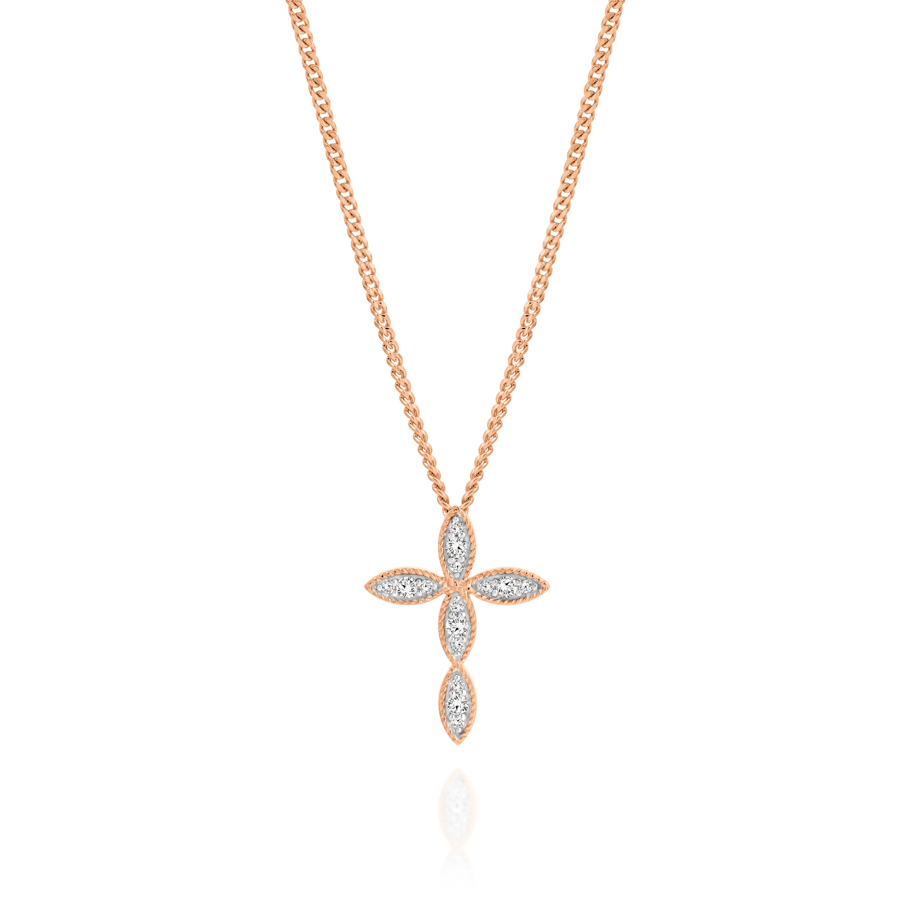 9ct rose gold 0.10ct diamond millgrain cross pendant