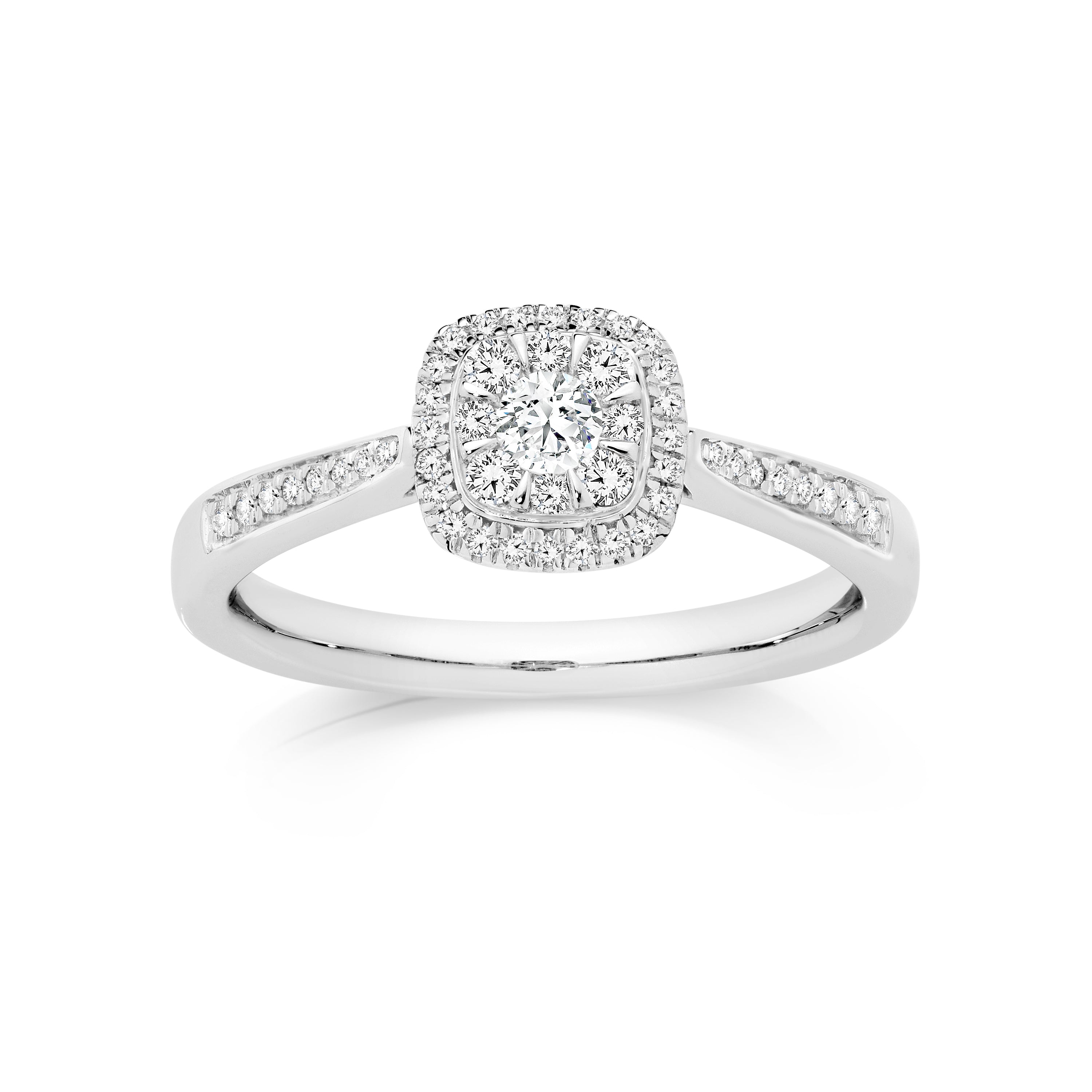 9ct white gold 0.33ct diamond cushion shape halo ring