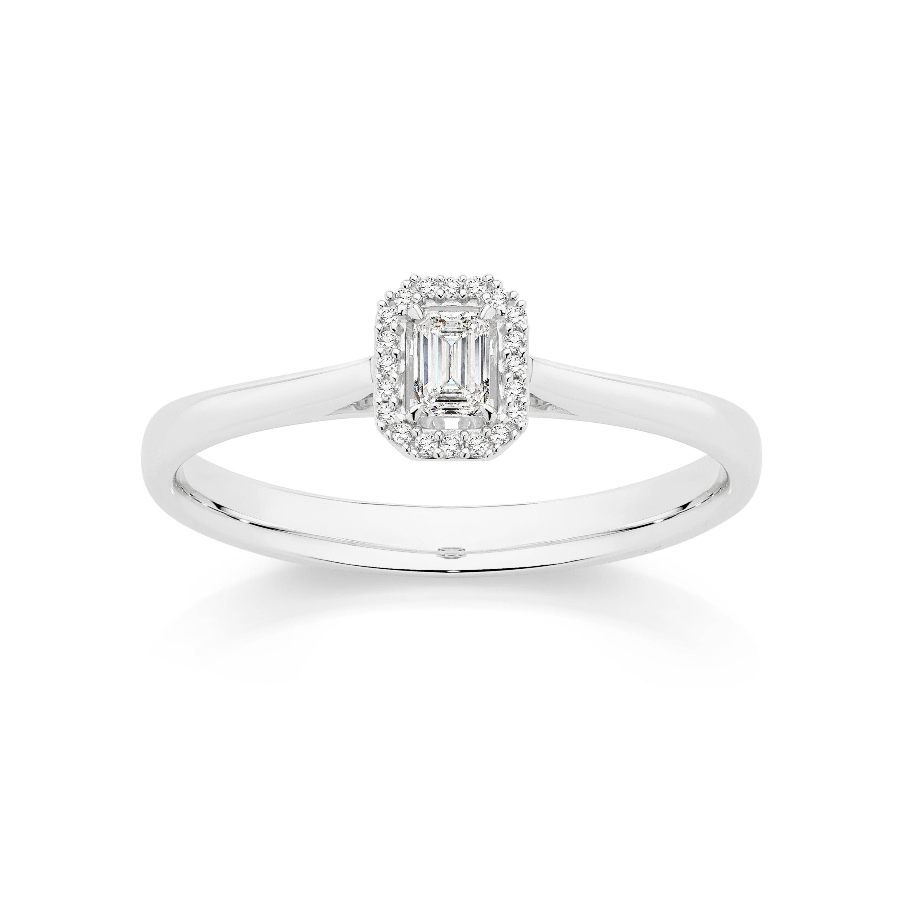 9ct white gold 0.15ct diamond emerald cut halo ring