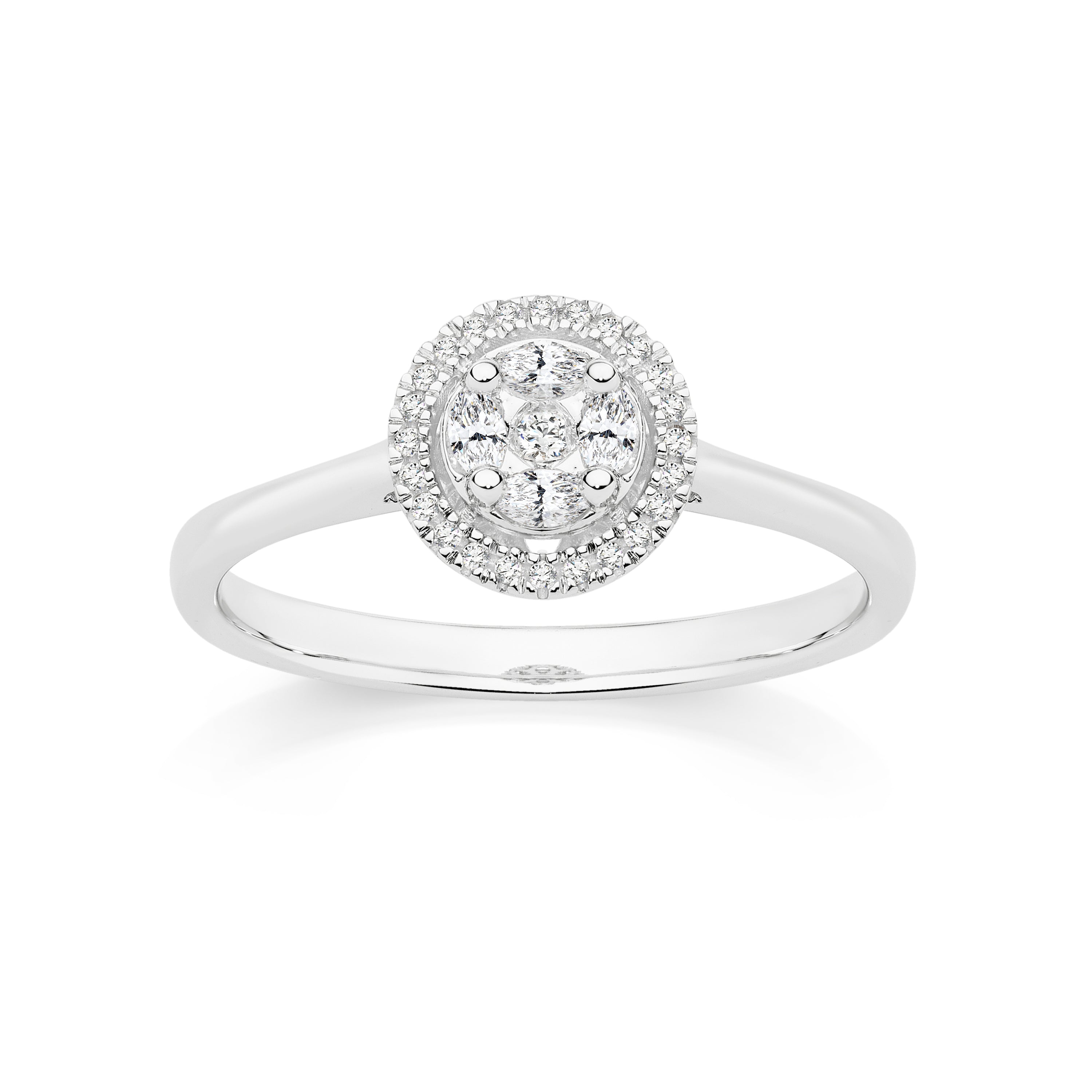 9ct white gold 0.25ct diamond halo ring with princess & marquise stones