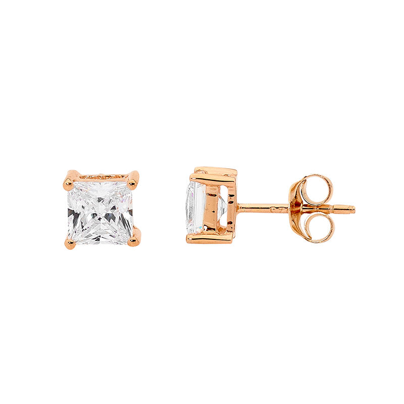 ELLANI Silver Rose Gold Plated Prinecss White Cubic Zirconia Claw Studs