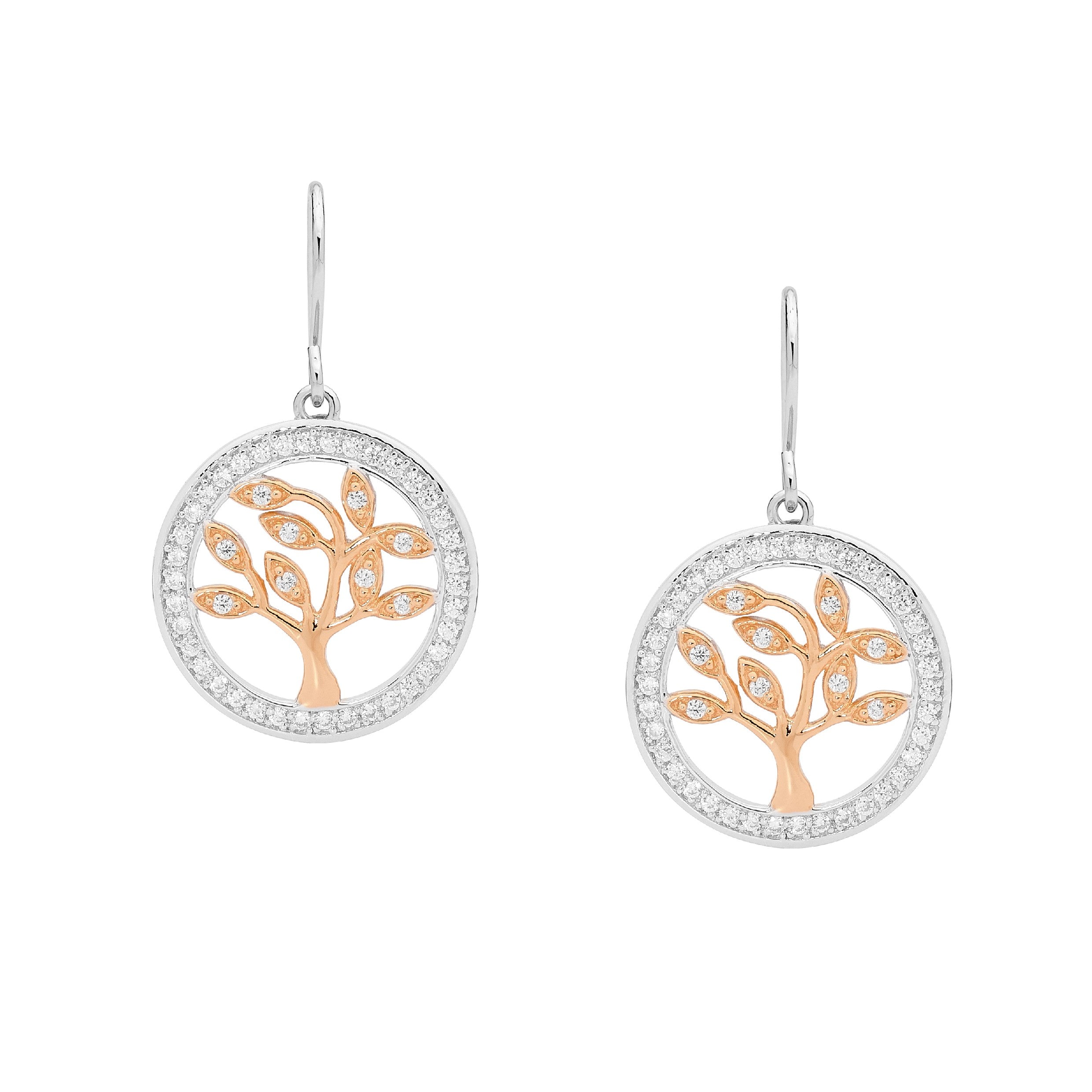ELLANI Silver Rose Gold Plated White Cubic Zirconia Tree Of Life Earrings