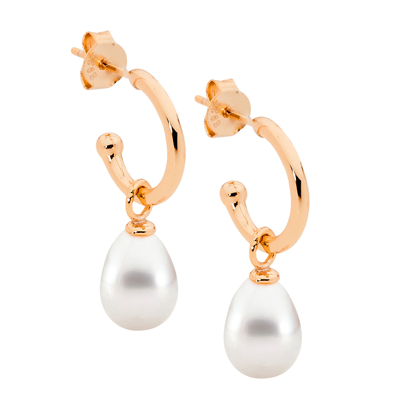 ELLANI Silver Rose Gold Plated Hoop Earrings with Freshwater Pearl Drop