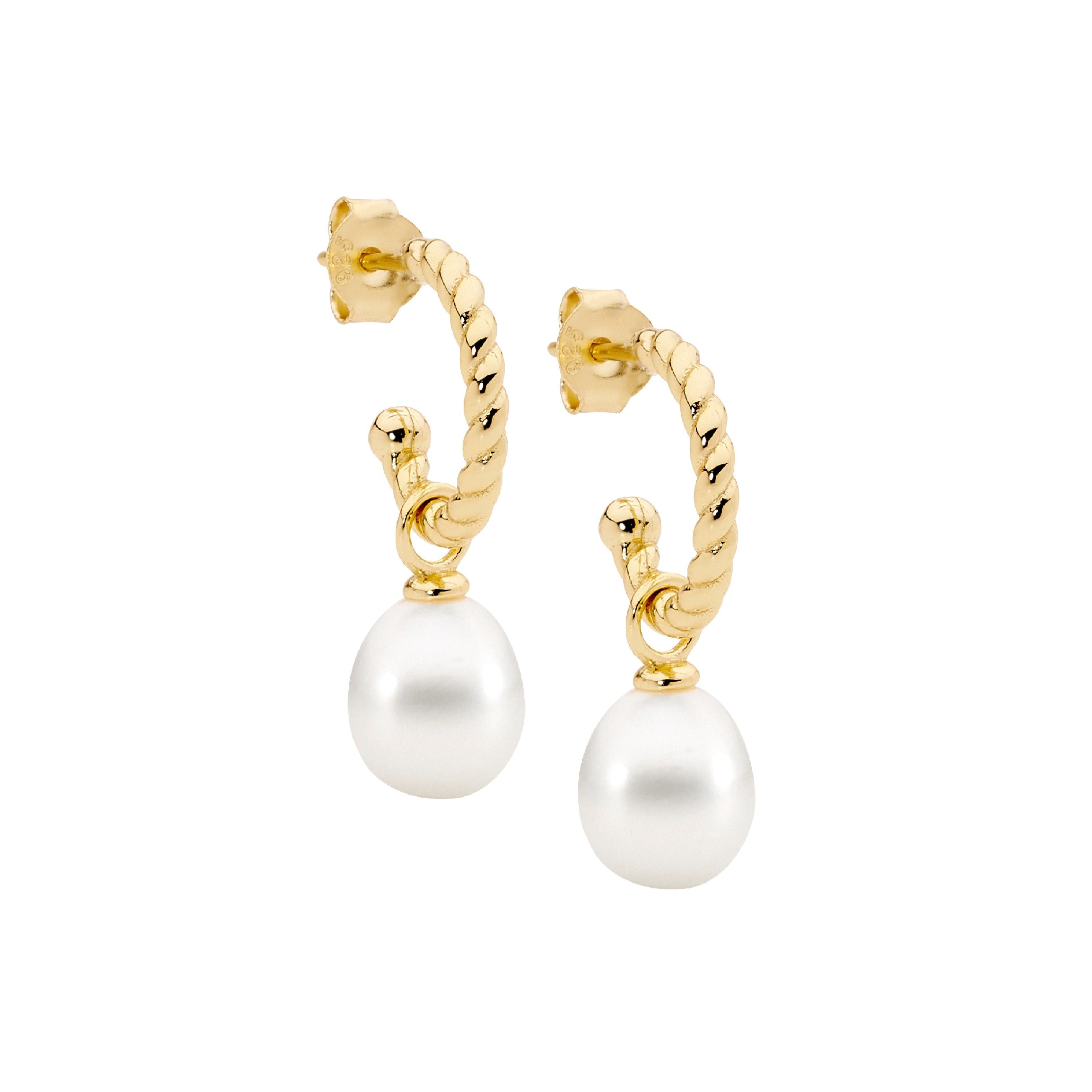 ELLANI Silver Gold Plated Freshwater Pearl Hoops