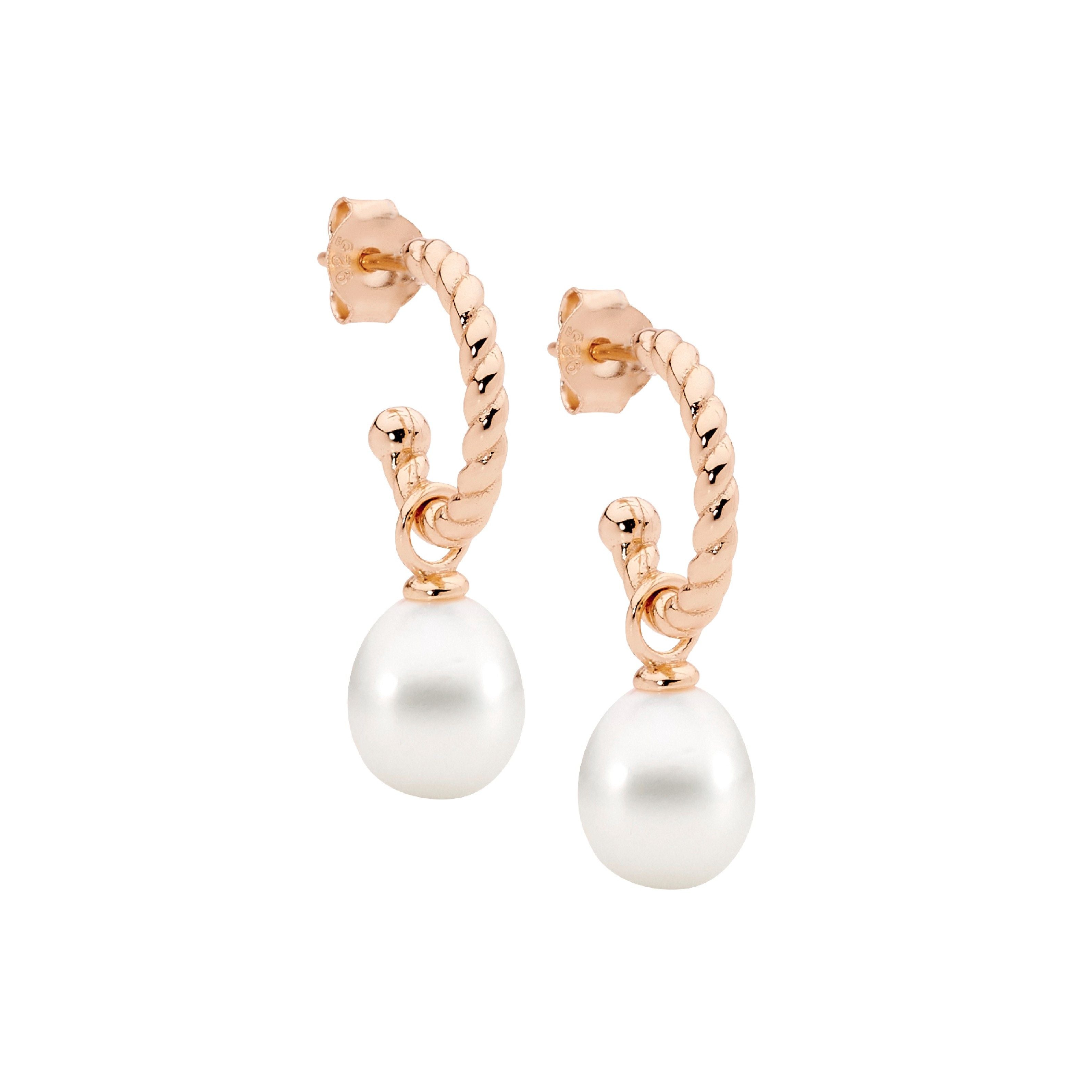 ELLANI Silver Rose Gold Plated Freshwater Pearl Hoops