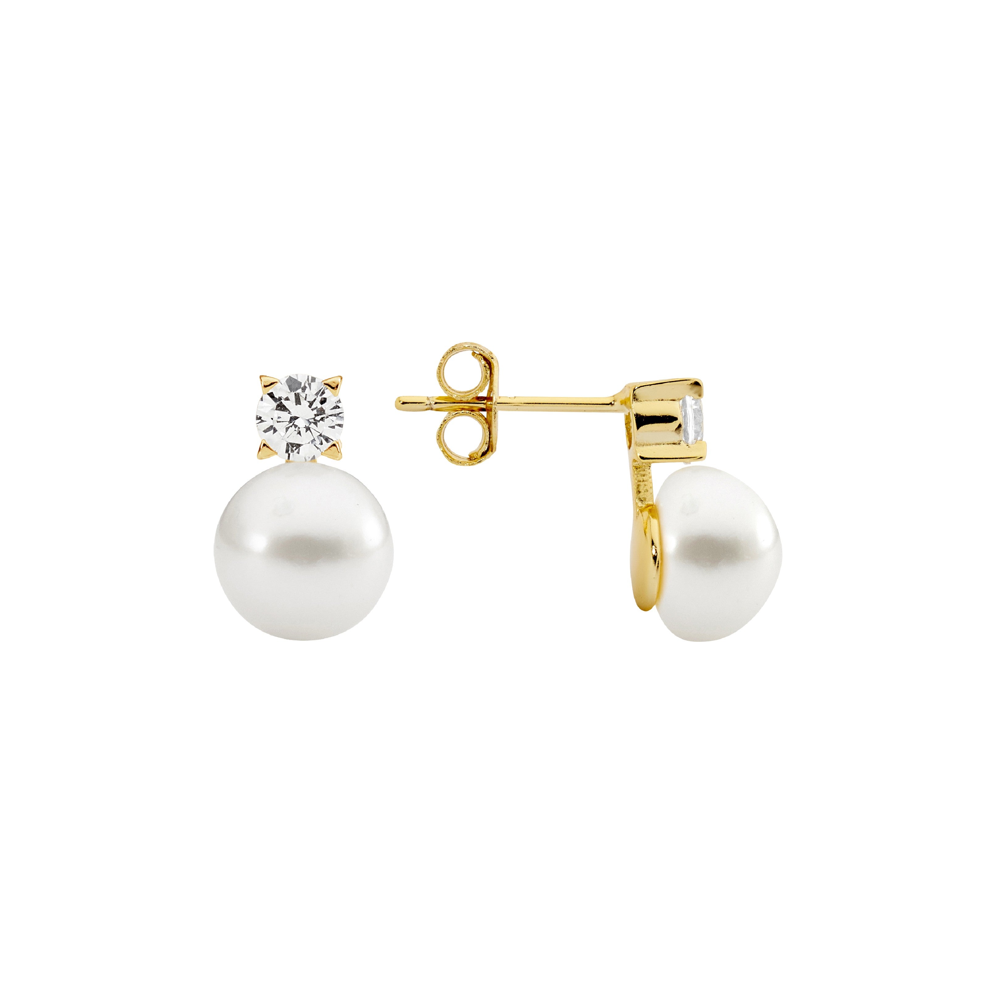 ELLANI Silver Gold Plated Freshwater Pearl & Cubic Zirconia Earrings