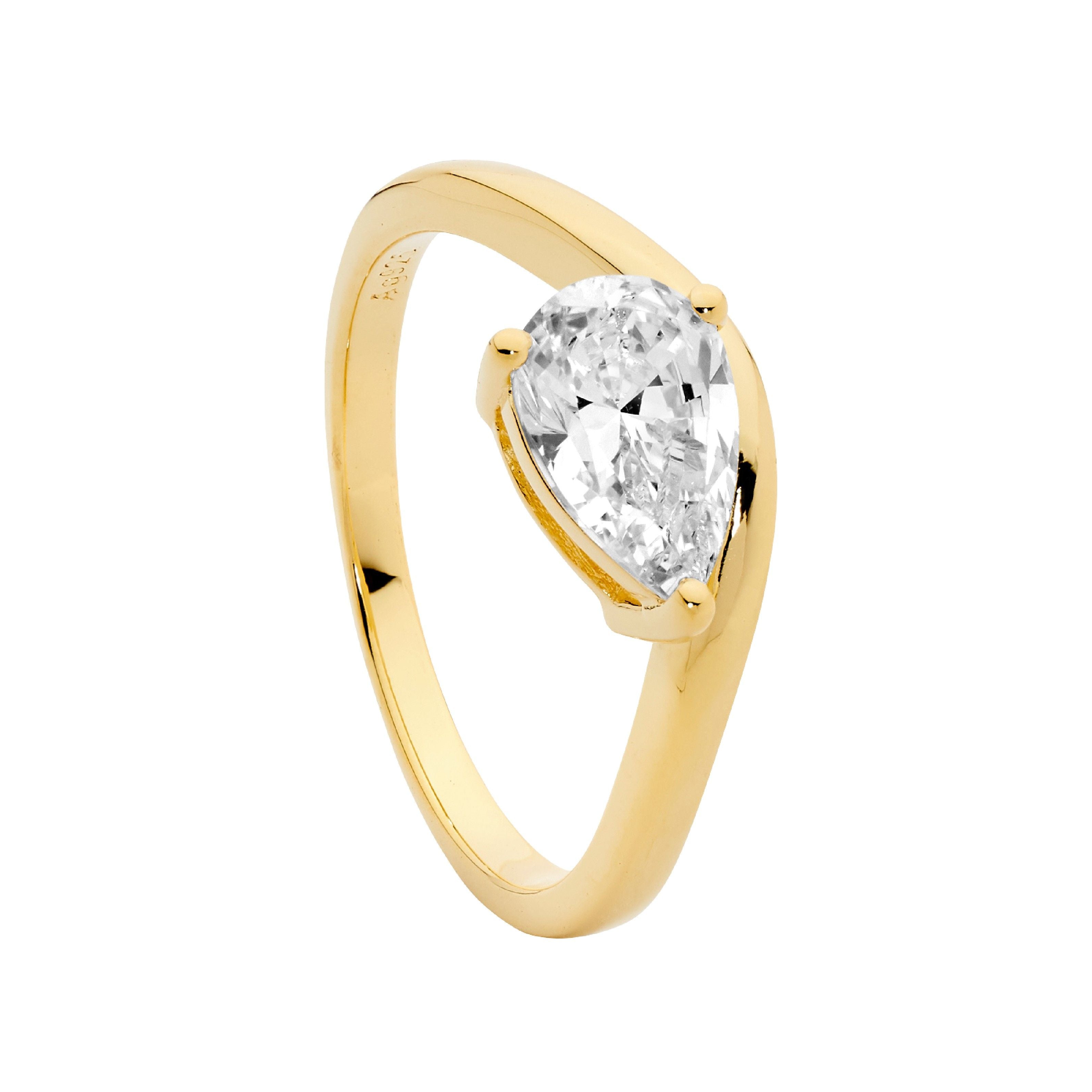 ELLANI Silver Pear Cut CZ Ring in Gold Plating