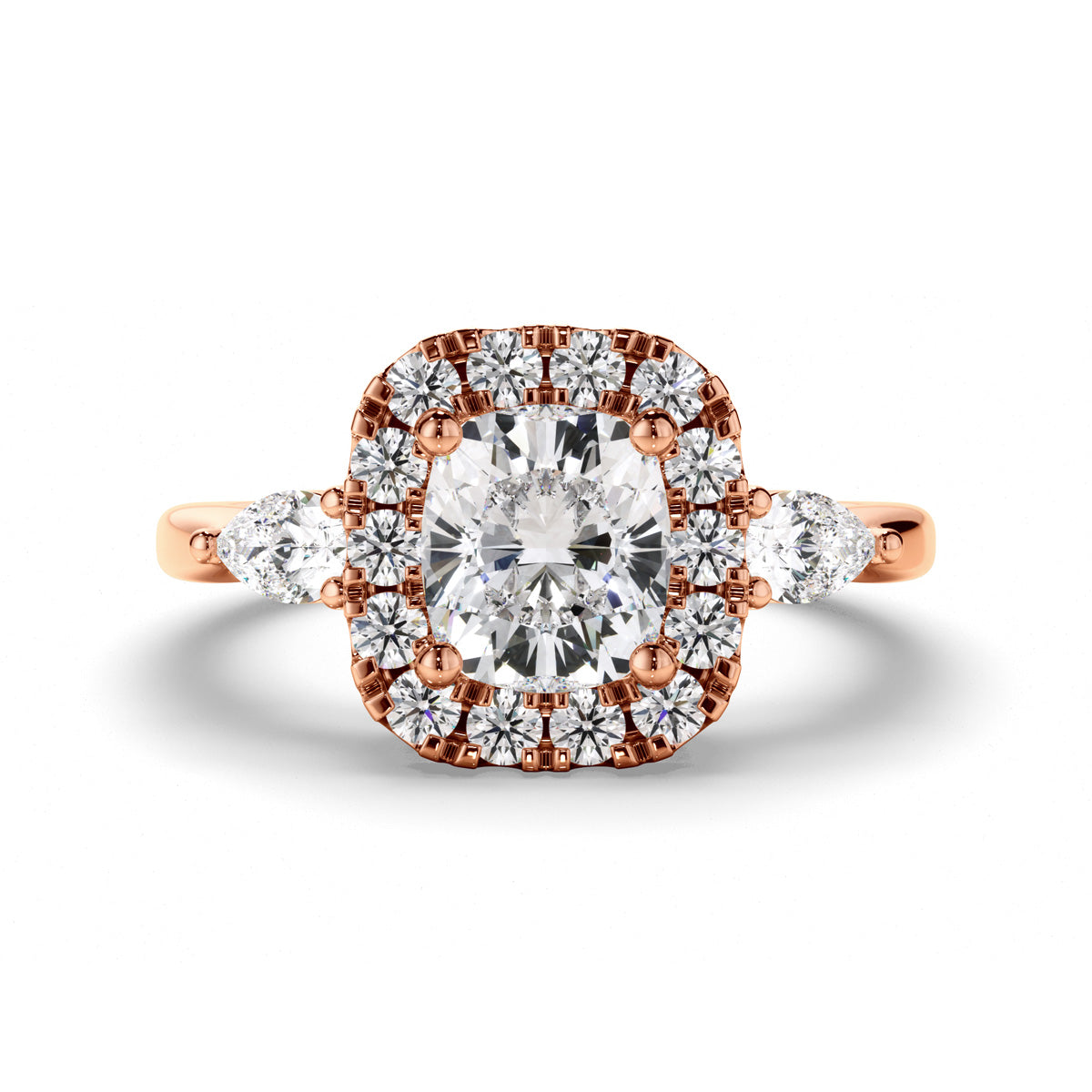 Cushion Cut Diamond Halo Trilogy Engagement Ring with Pear Sides