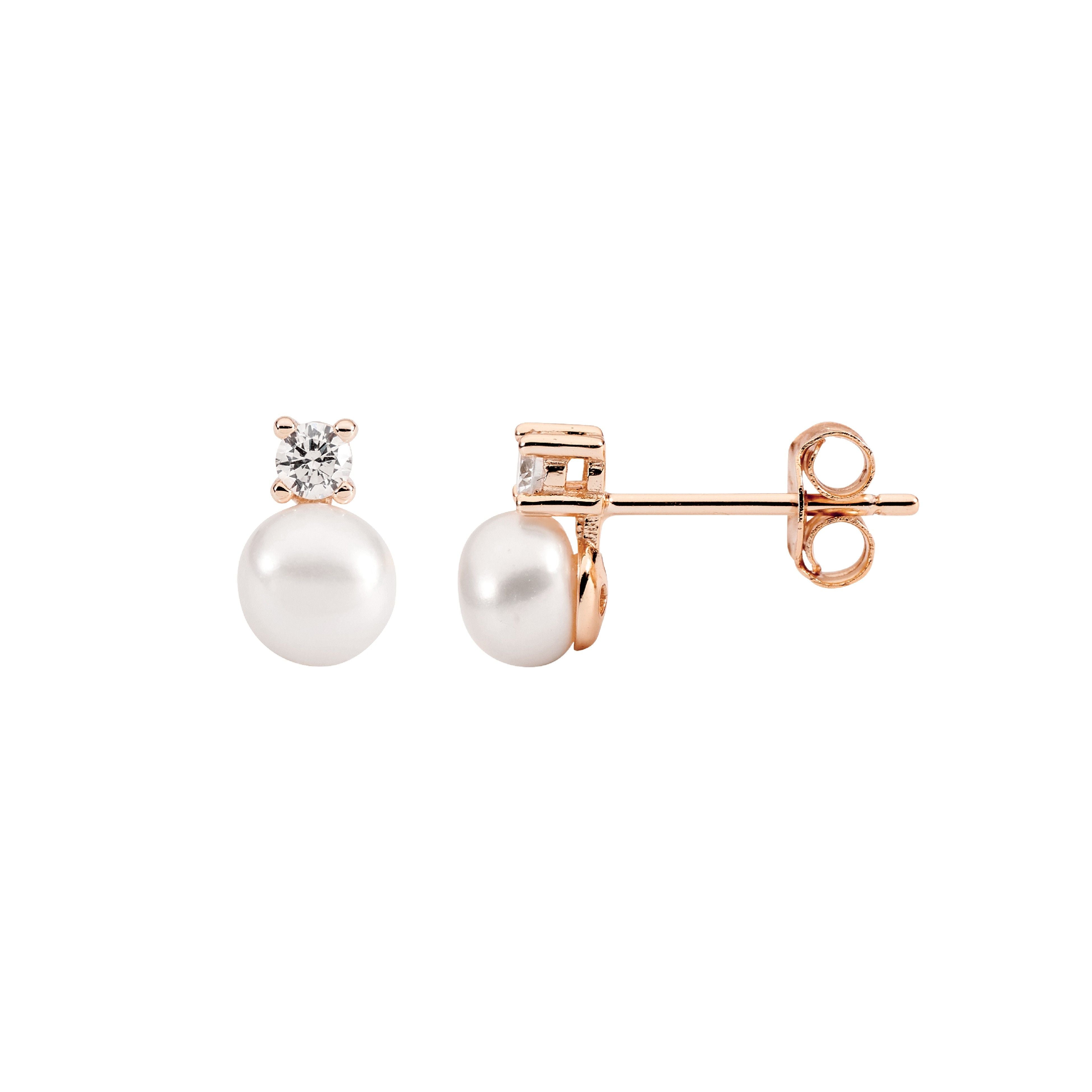ELLANI Silver CZ and Freshwater Pearl Studs with Rose Gold plating