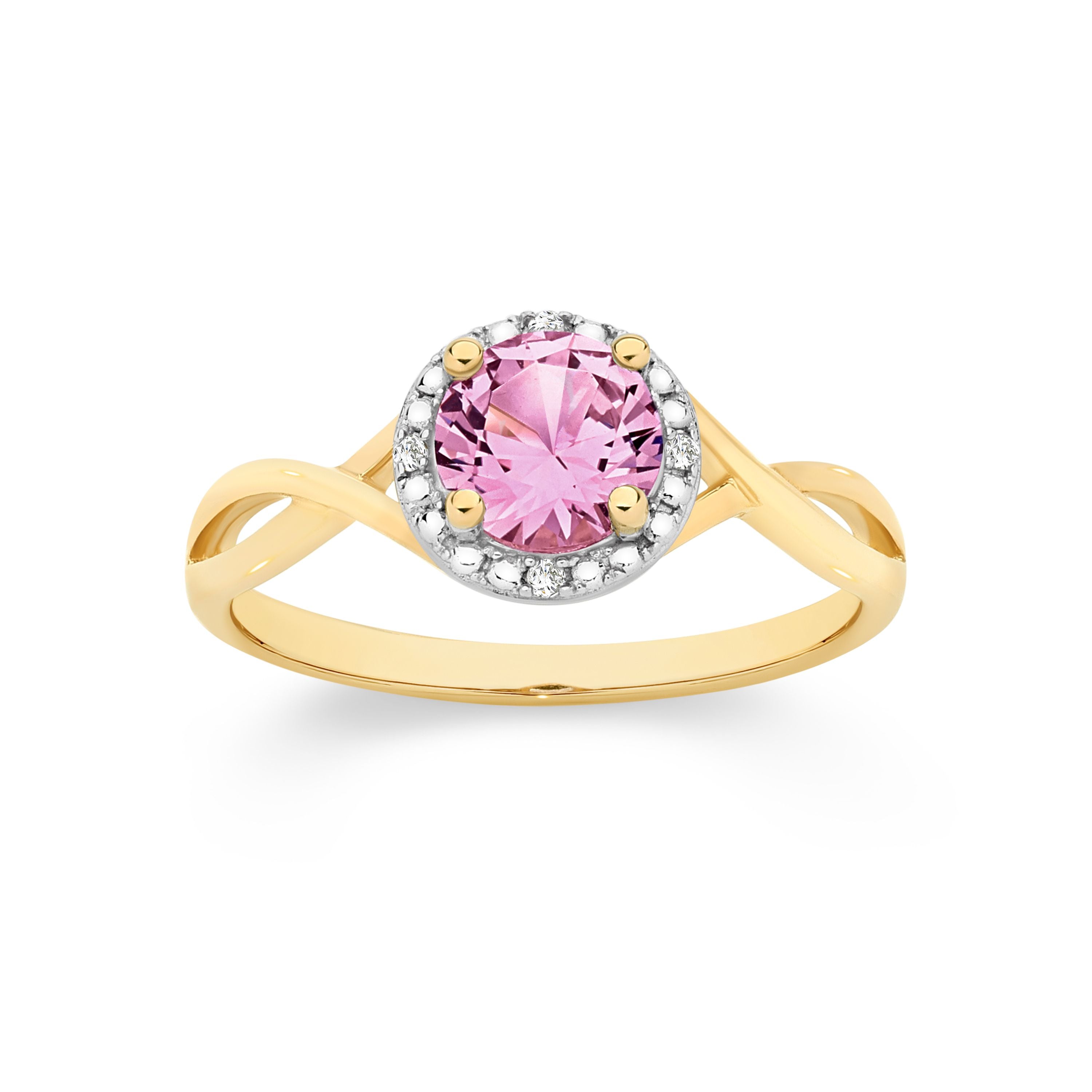 9ct Yellow Gold Cr Pink Sapphire Diamond Halo Ring