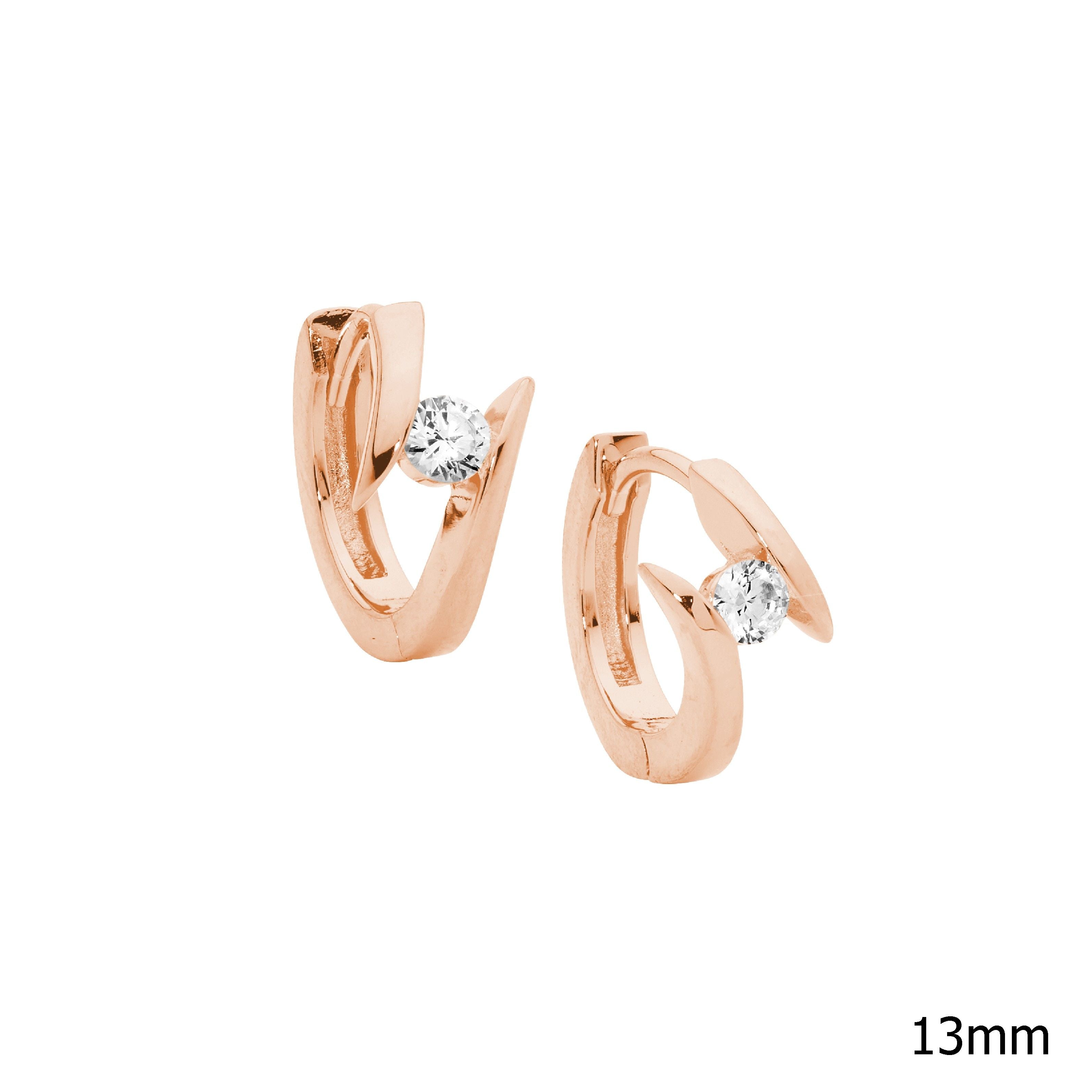 ELLANI Silver Huggies with CZ in Rose Gold Plating
