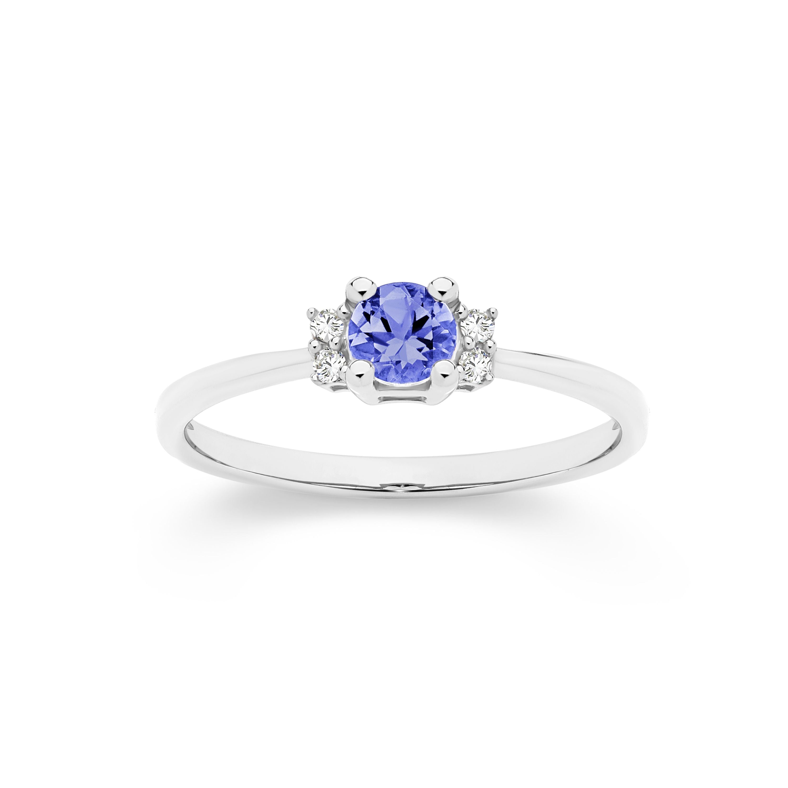 9ct White Gold Tanzanite Ring with Double Diamond Accent