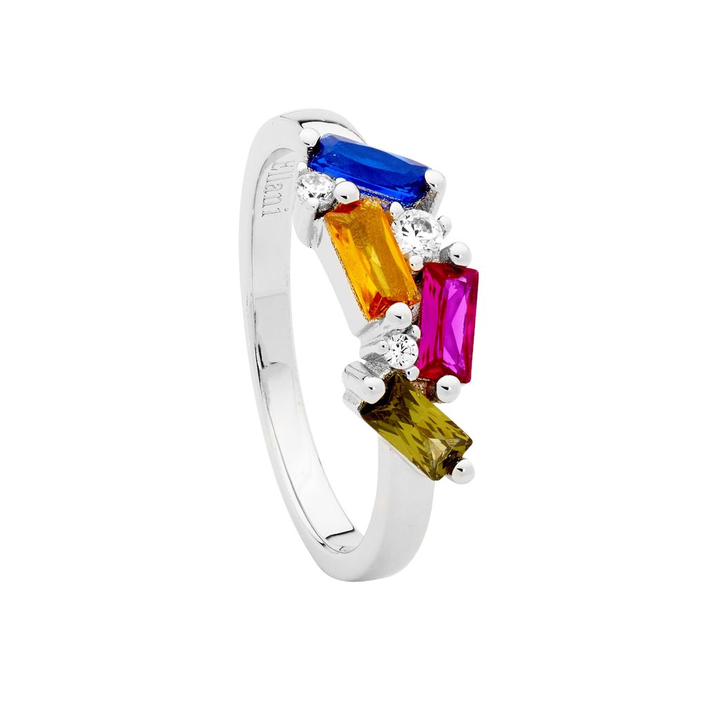 ELLANI Silver Multi-Coloured Staggered CZ Ring