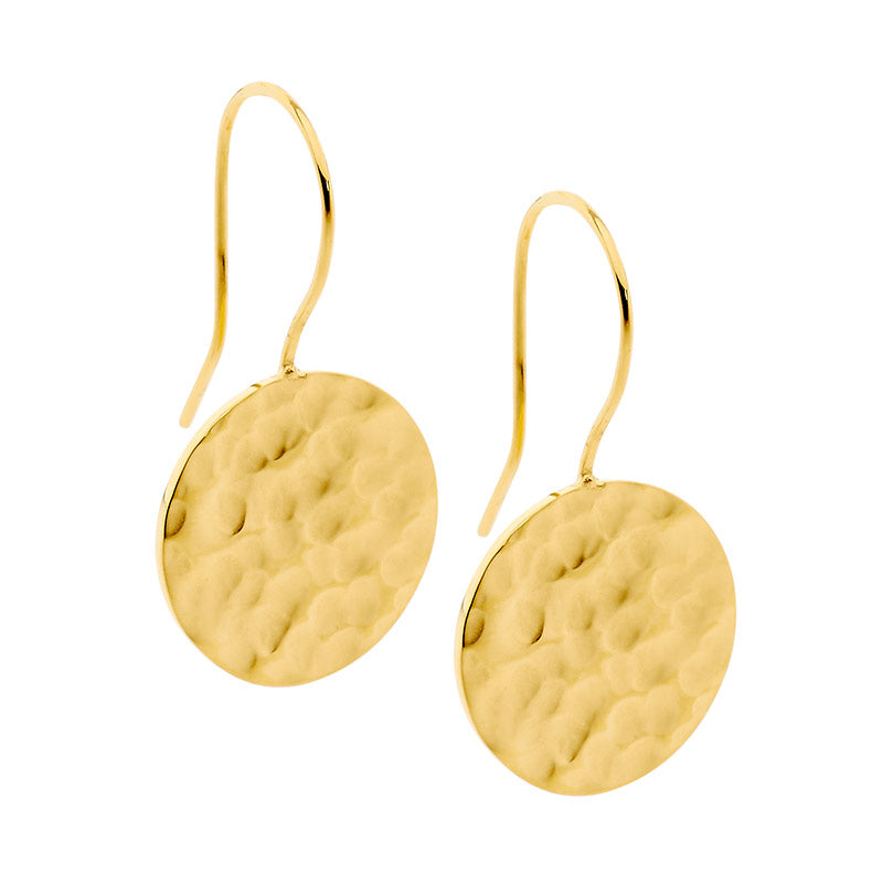 ELLANI Stainless Steel Gold Plating Hammered Effect Circle Drop Earrings