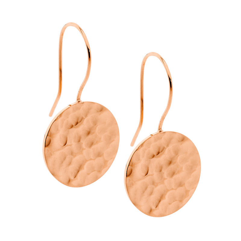 ELLANI Stainless Steel Rose Gold Plated  Hammered Effect Circle Drop Earrings
