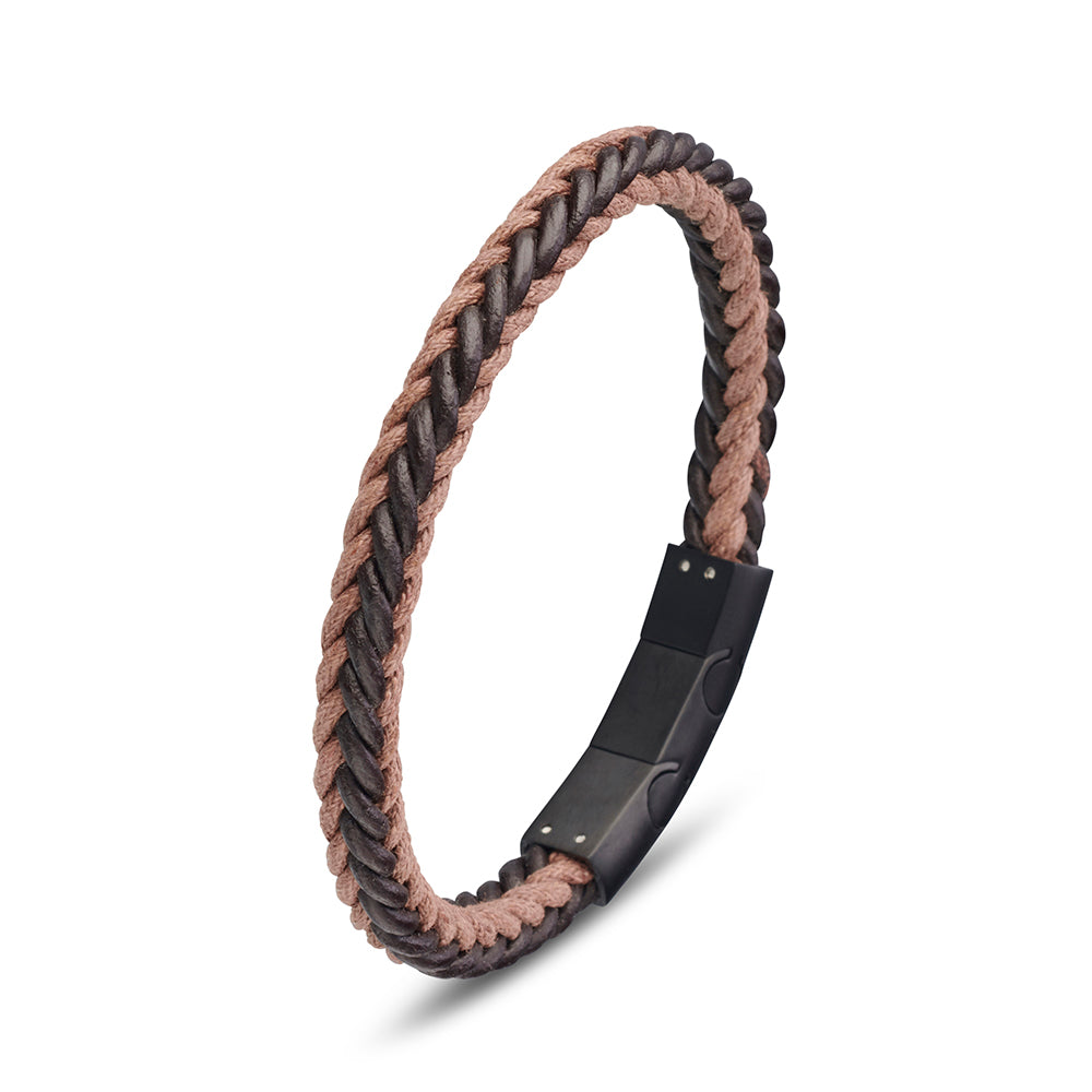 Brown leather bracelet with black stainless steel clasp