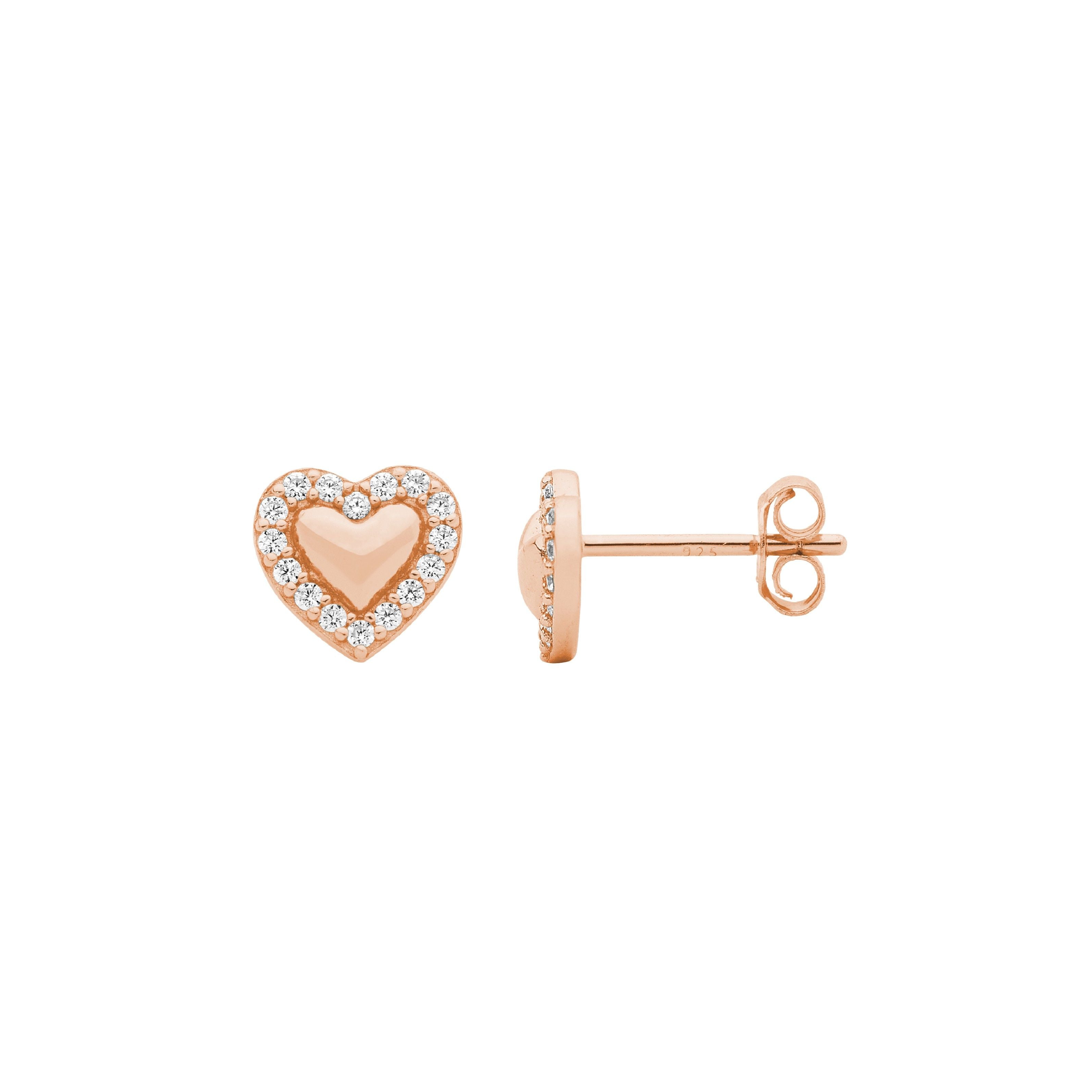 ELLANI Silver CZ Heart Studs in Rose Gold Plating