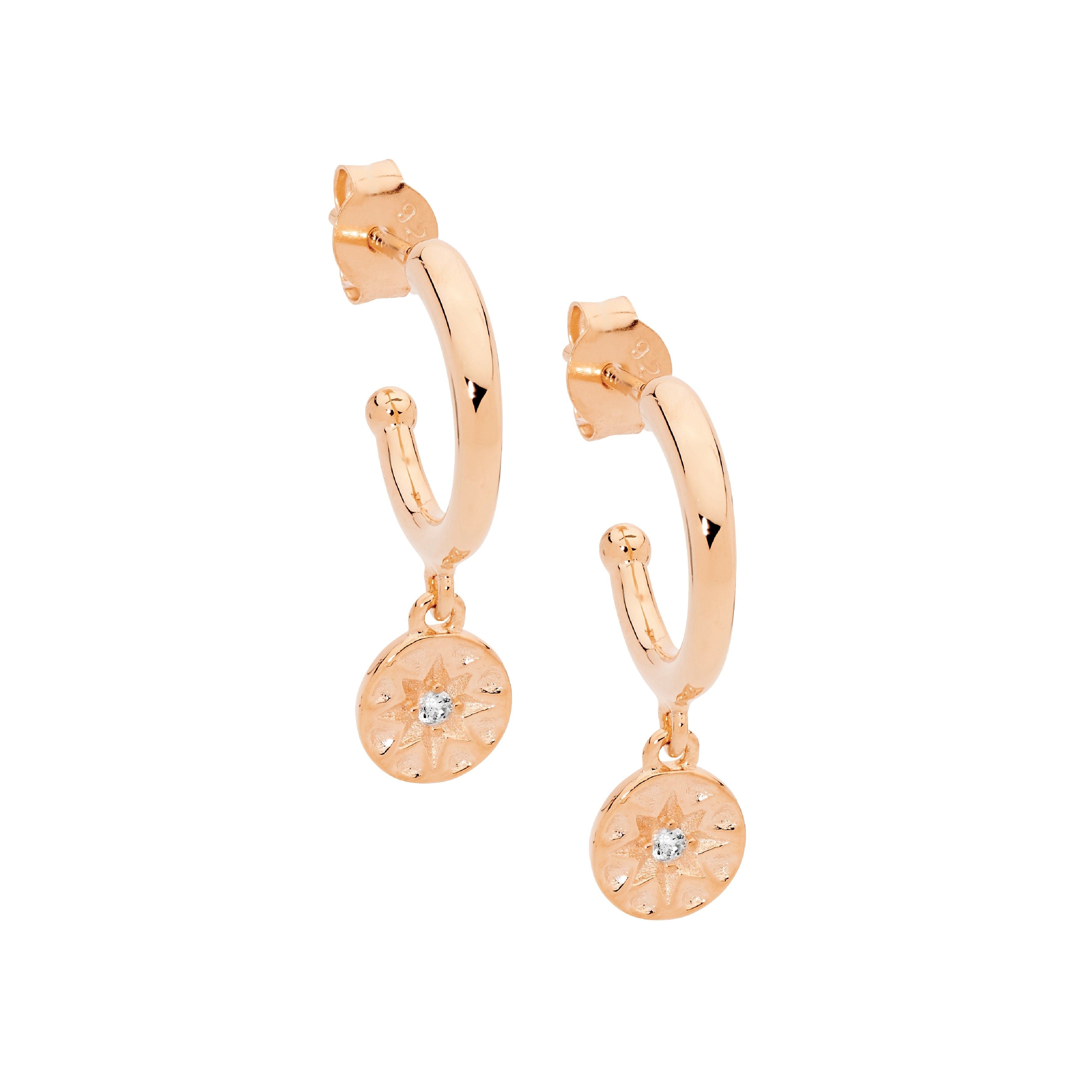 ELLANI Silver Disc Drop Studs with Rose Gold Plating