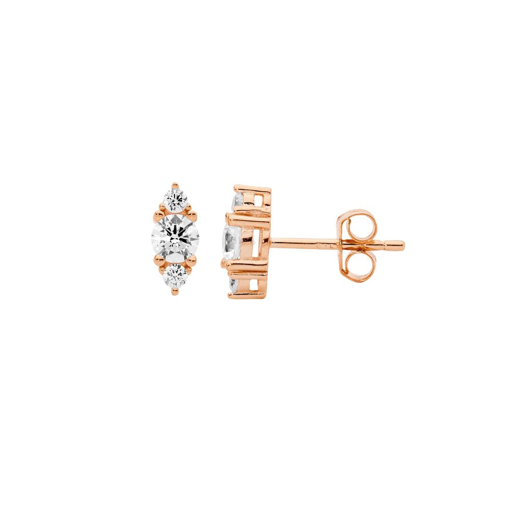ELLANI Silver Tri CZ Studs with Rose Gold Plating