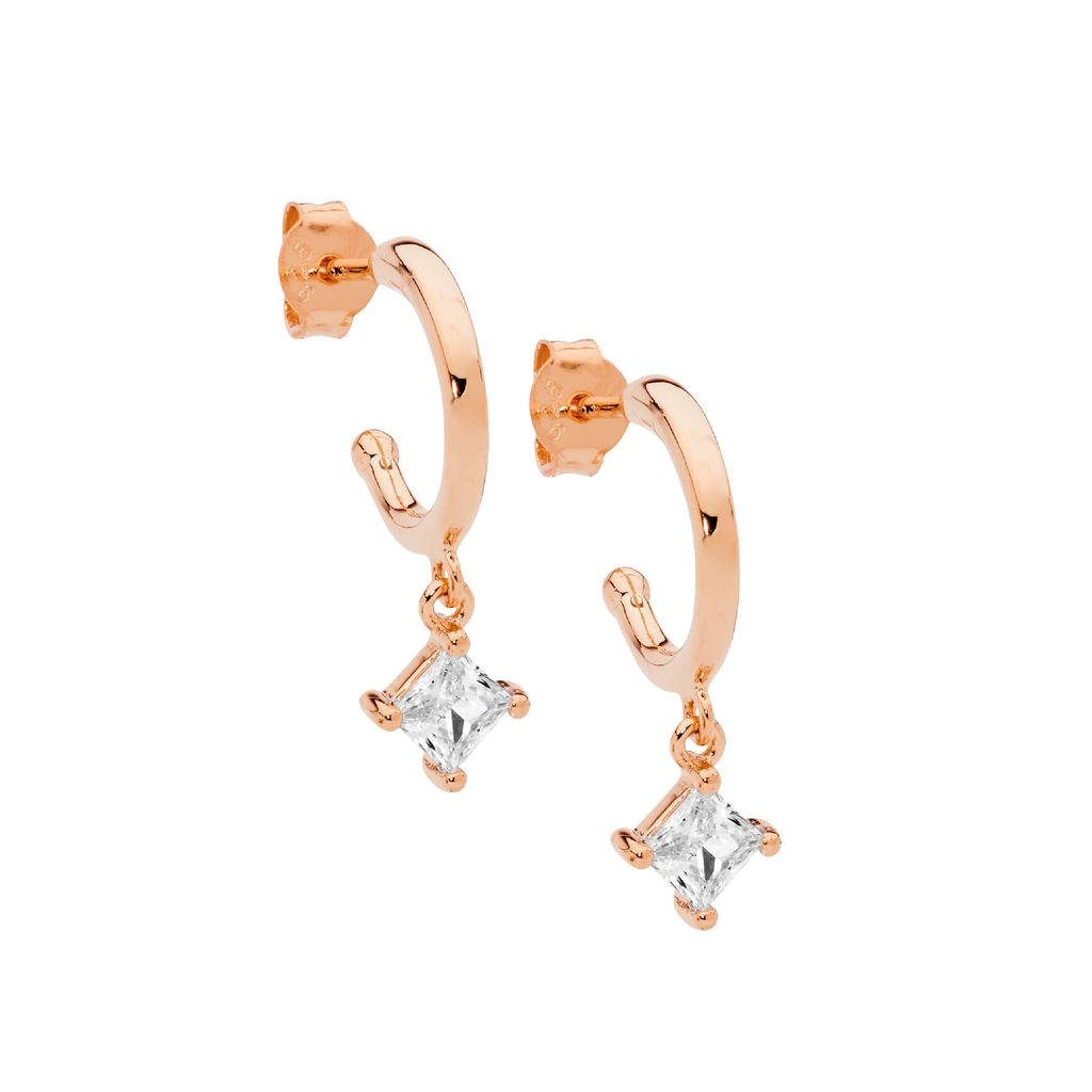 ELLANI Silver Hoop Earrings with CZ Drops & Rose Gold Plating