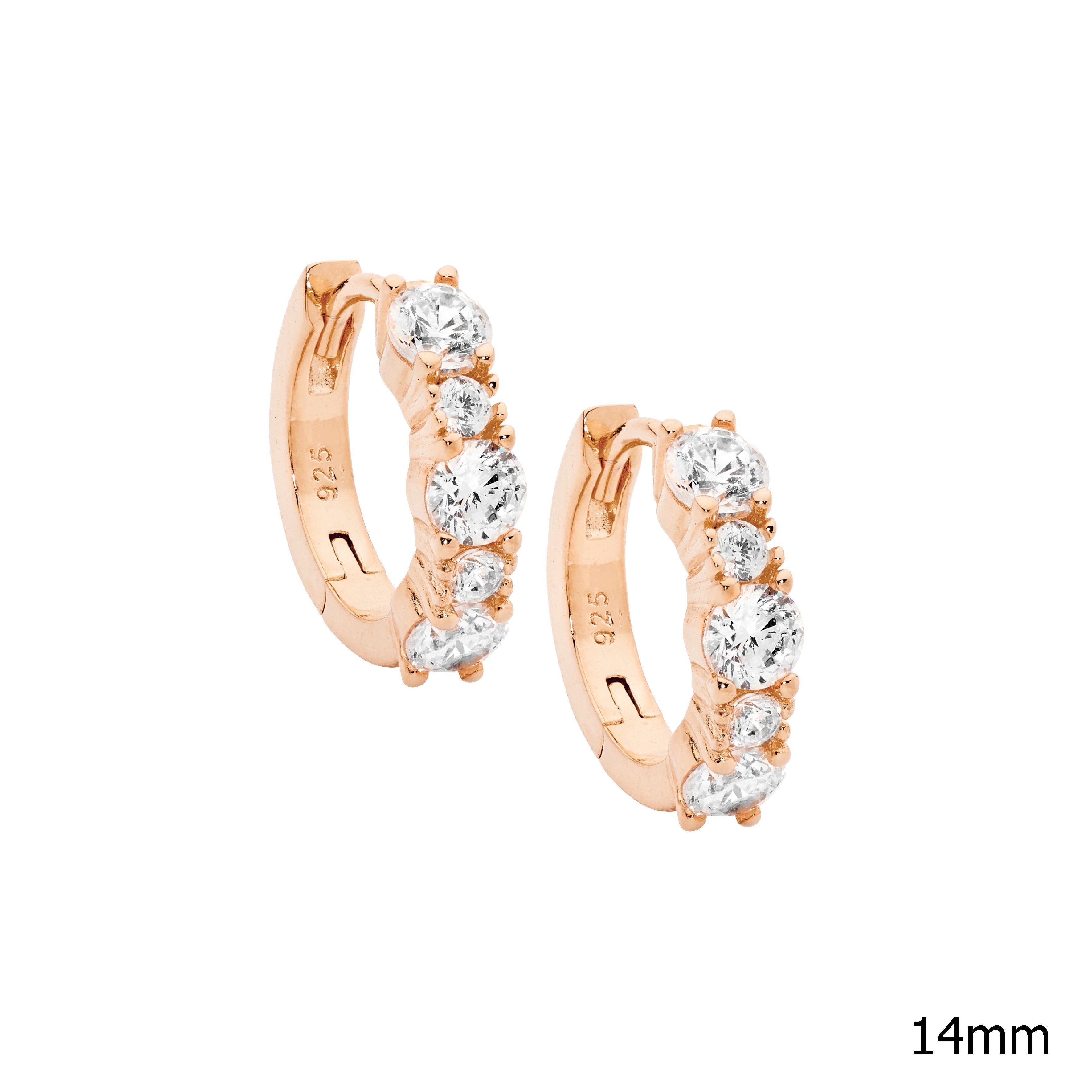 ELLANI Silver CZ Huggies with Rose Gold Plating