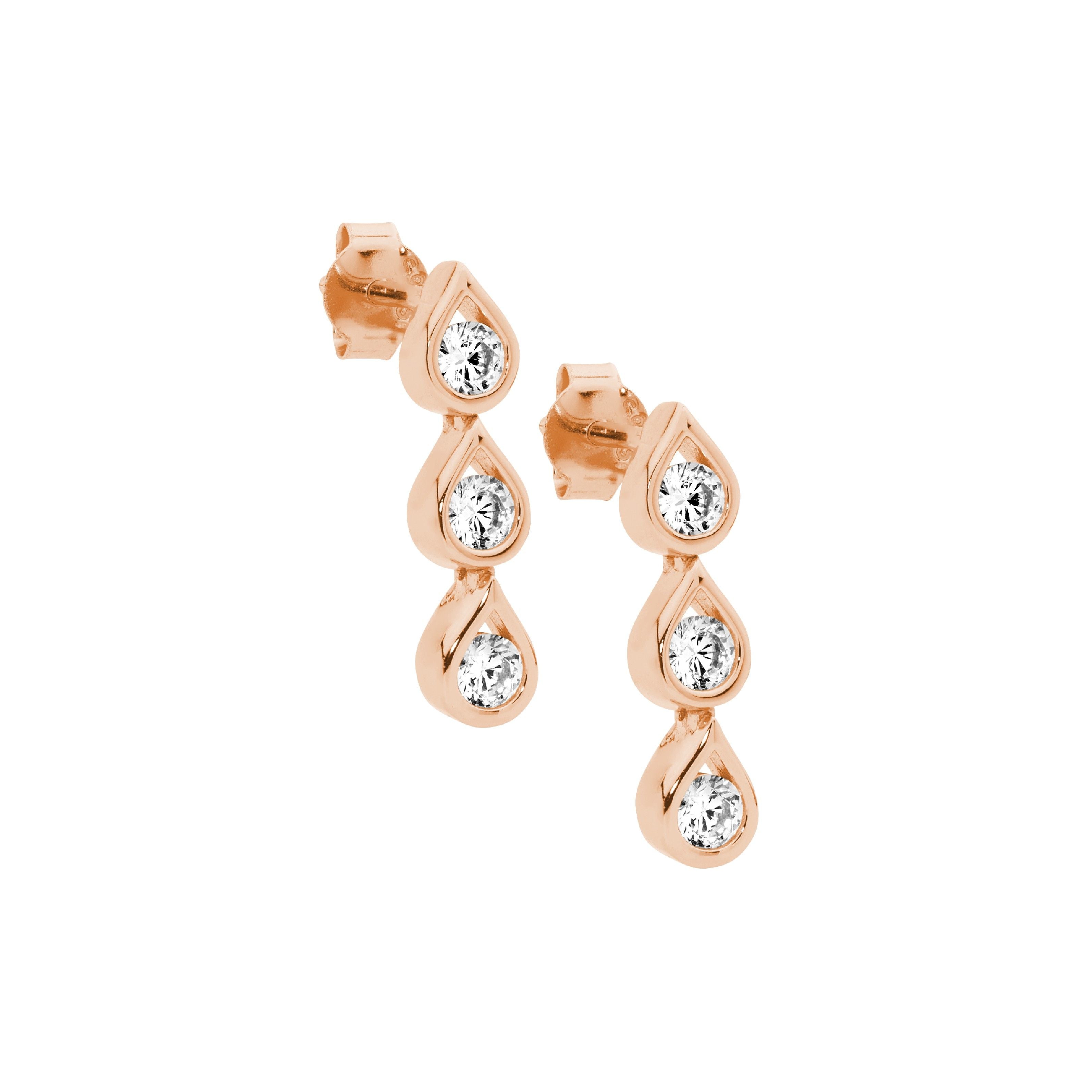 ELLANI Silver CZ Drop Earrings in Rose Gold Plating