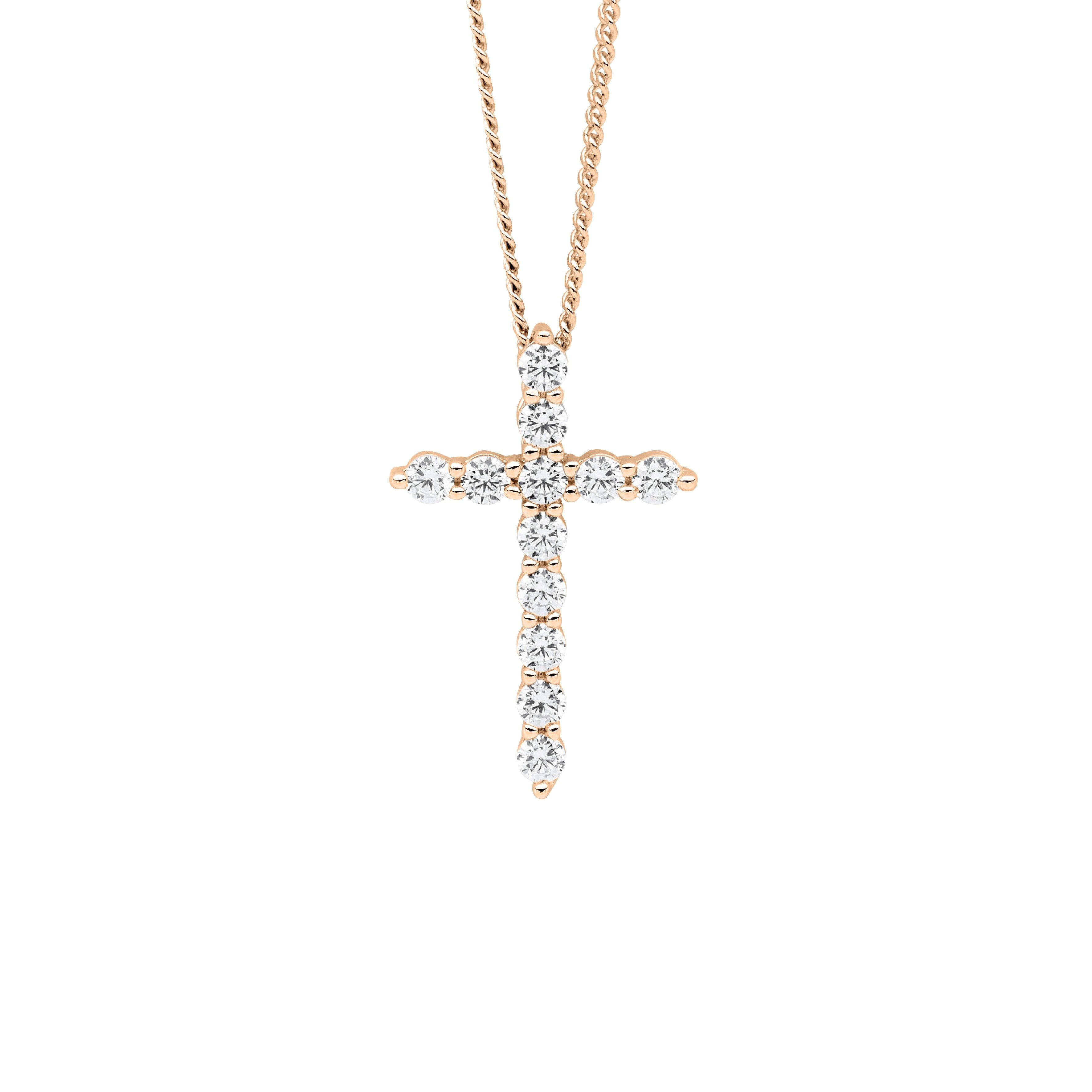 ELLANI Silver CZ Cross Necklet with Rose Gold Plating