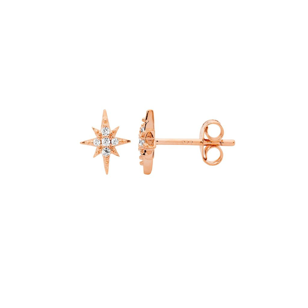 ELLANI Silver CZ Star Studs with Rose Gold Plating