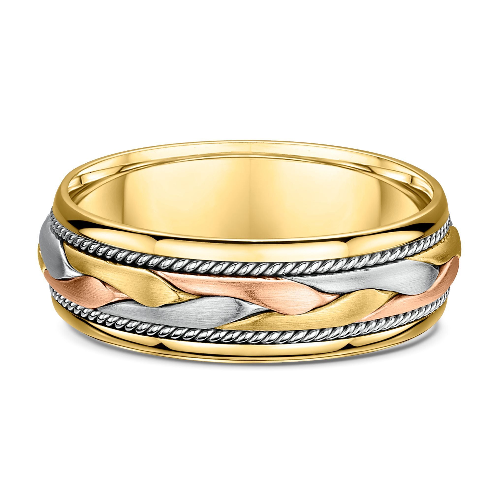 9ct 3-Tone White Rose & Yellow Gold Mens Wedding Ring