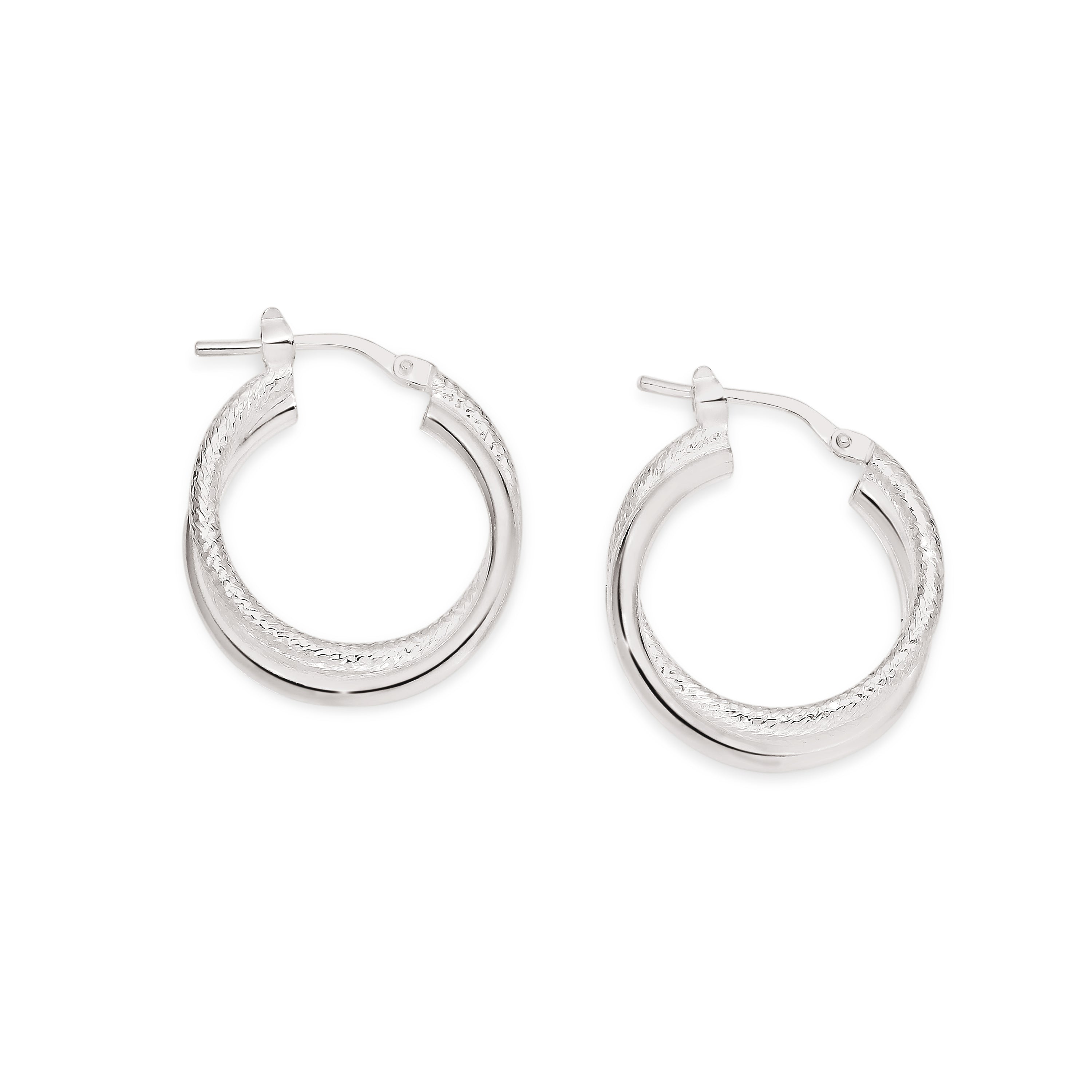 Silver double tube polished & textured hoops 15mm
