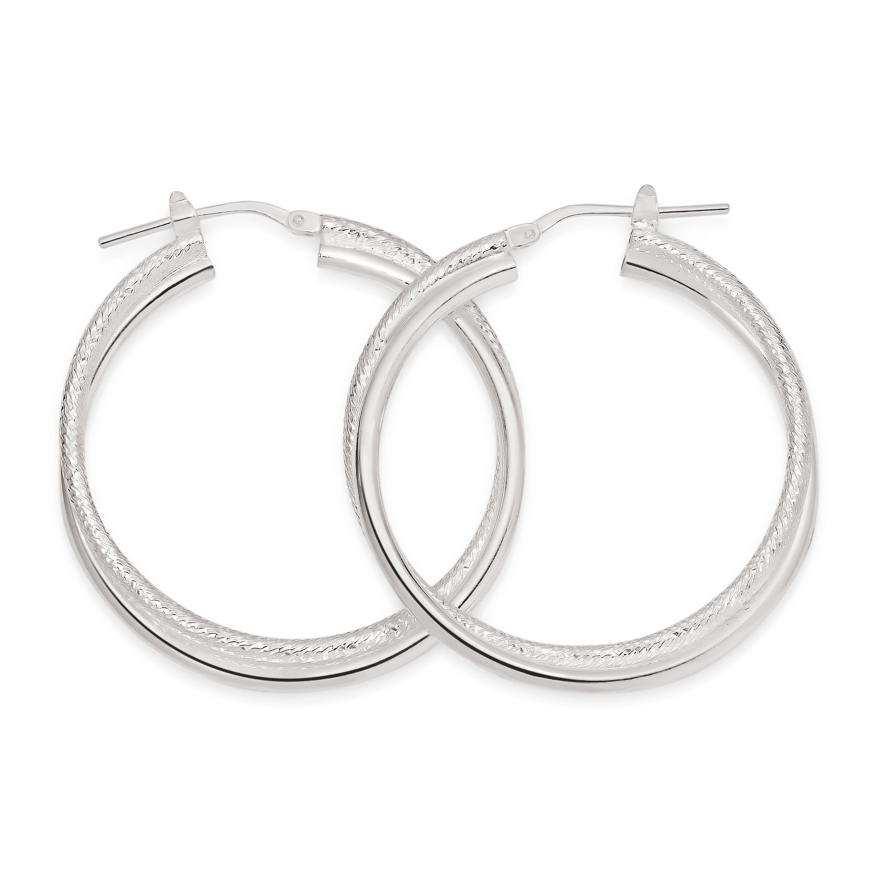 Silver double tube polished & textured hoops 30mm