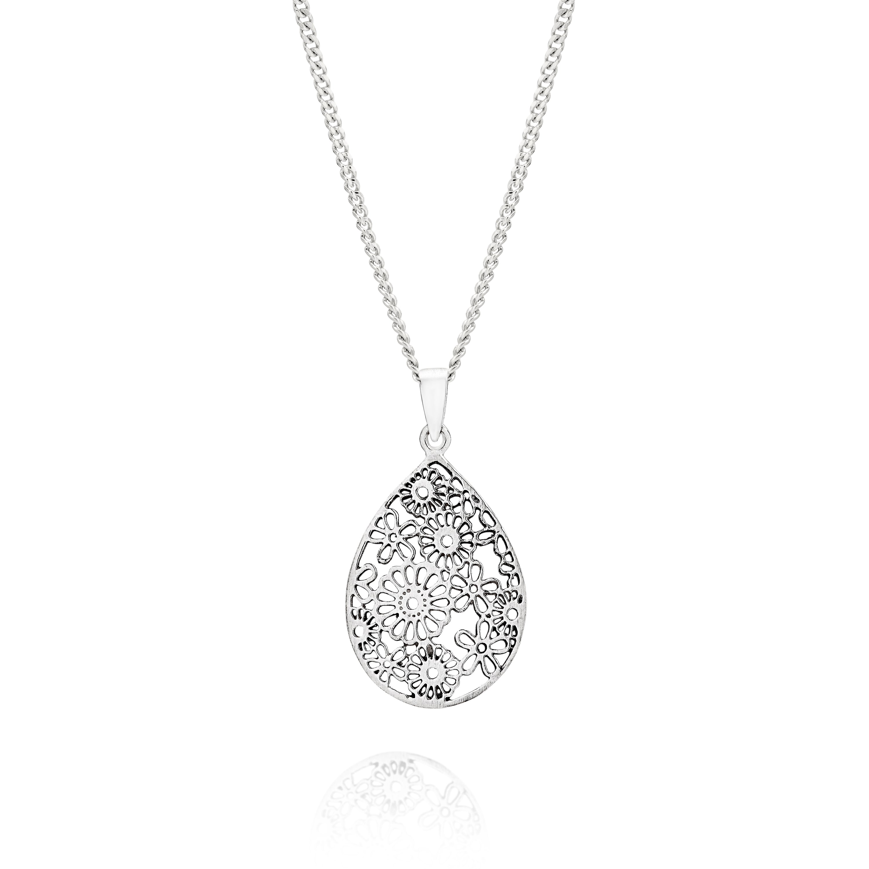 Silver pear shape filigree daisy pendant