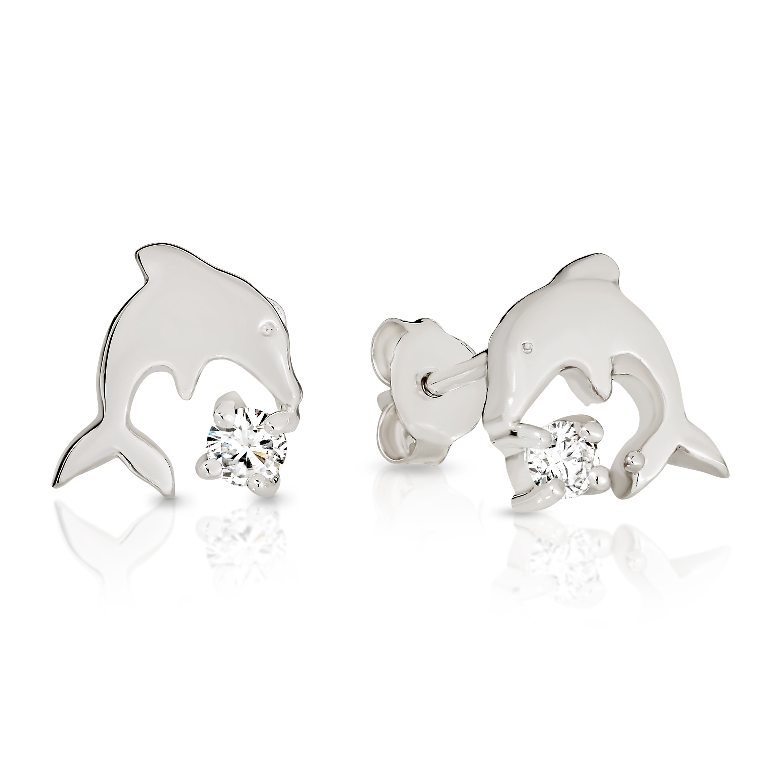 Silver cubic zirconia dolphin studs