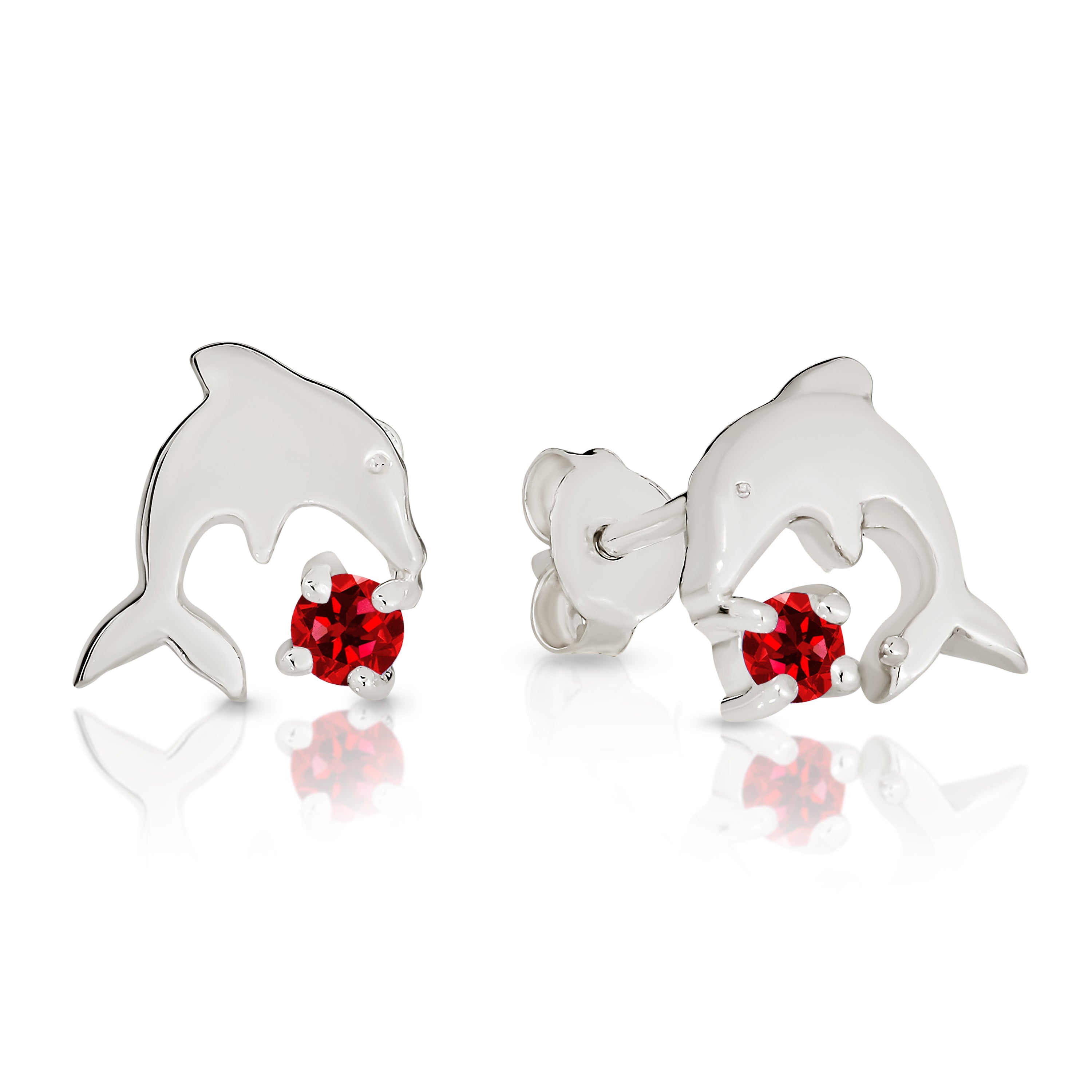 Silver red cubic zirconia dolphin studs