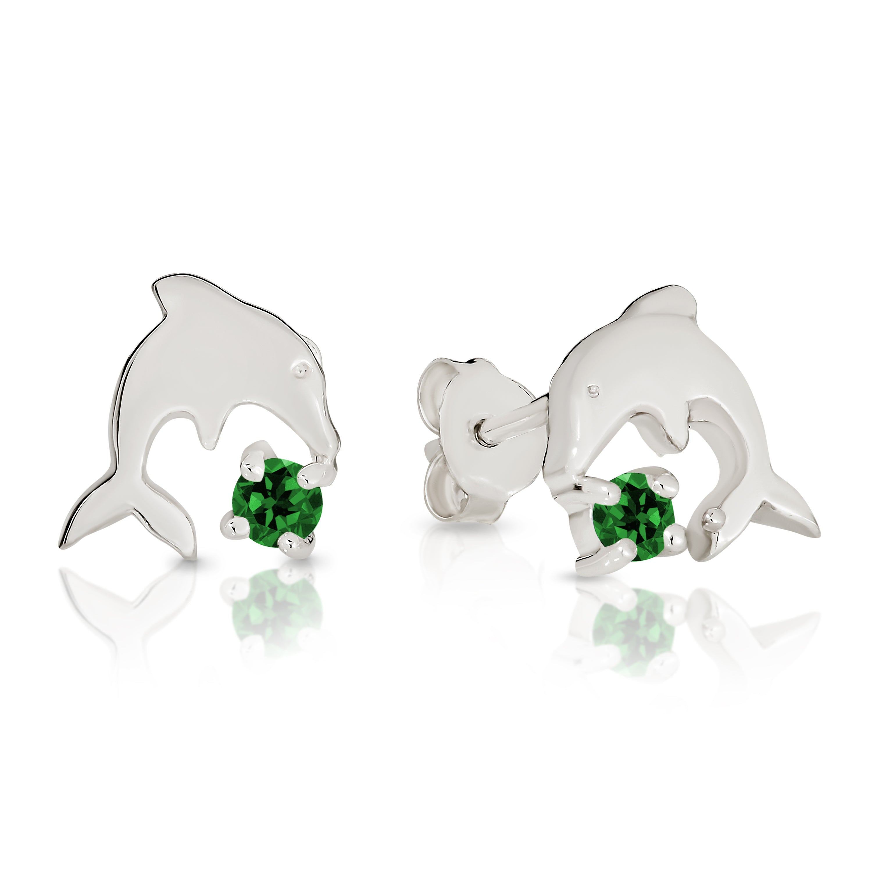 Silver green cubic zirconia dolphin studs