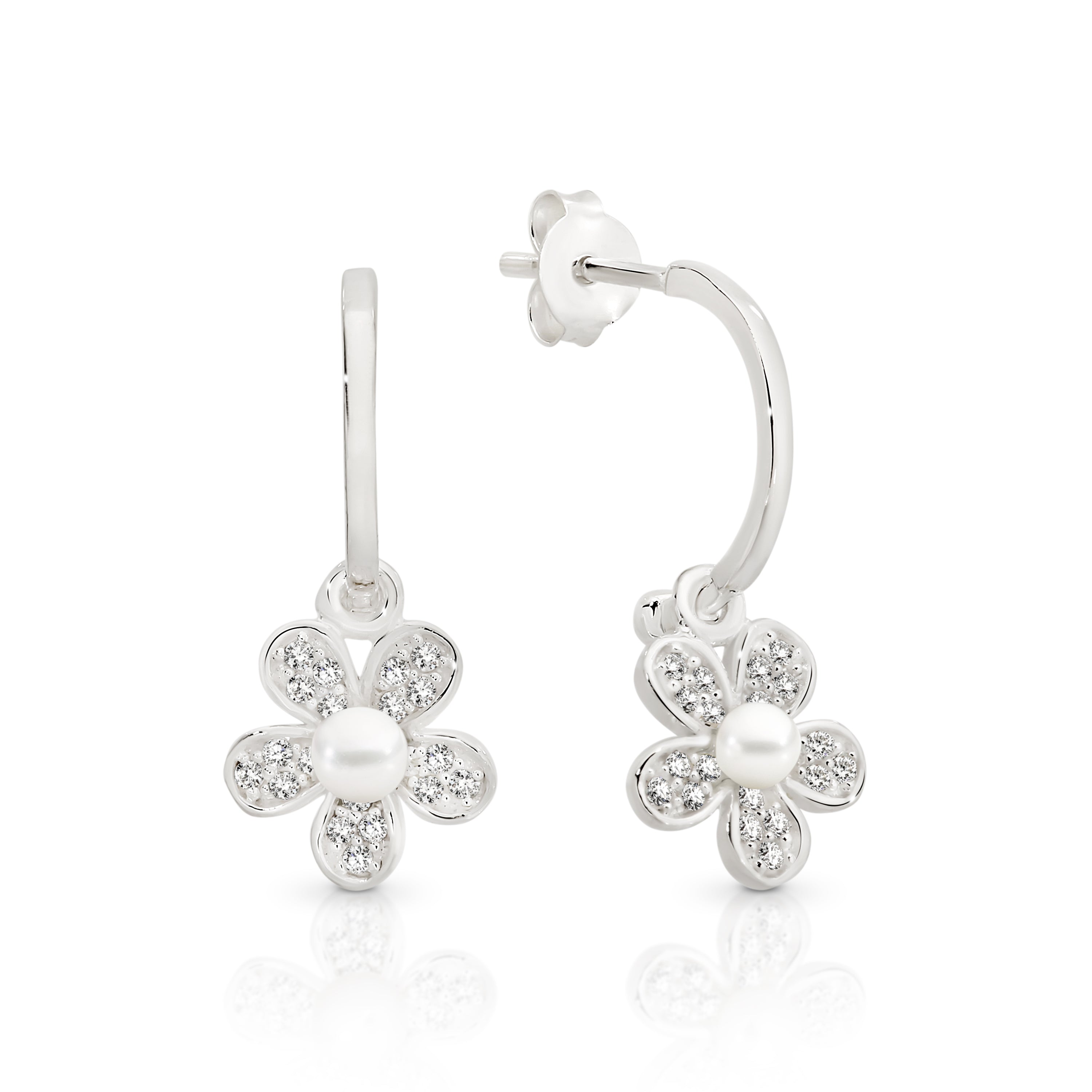 Silver pearl and cubic zirconia flower drops