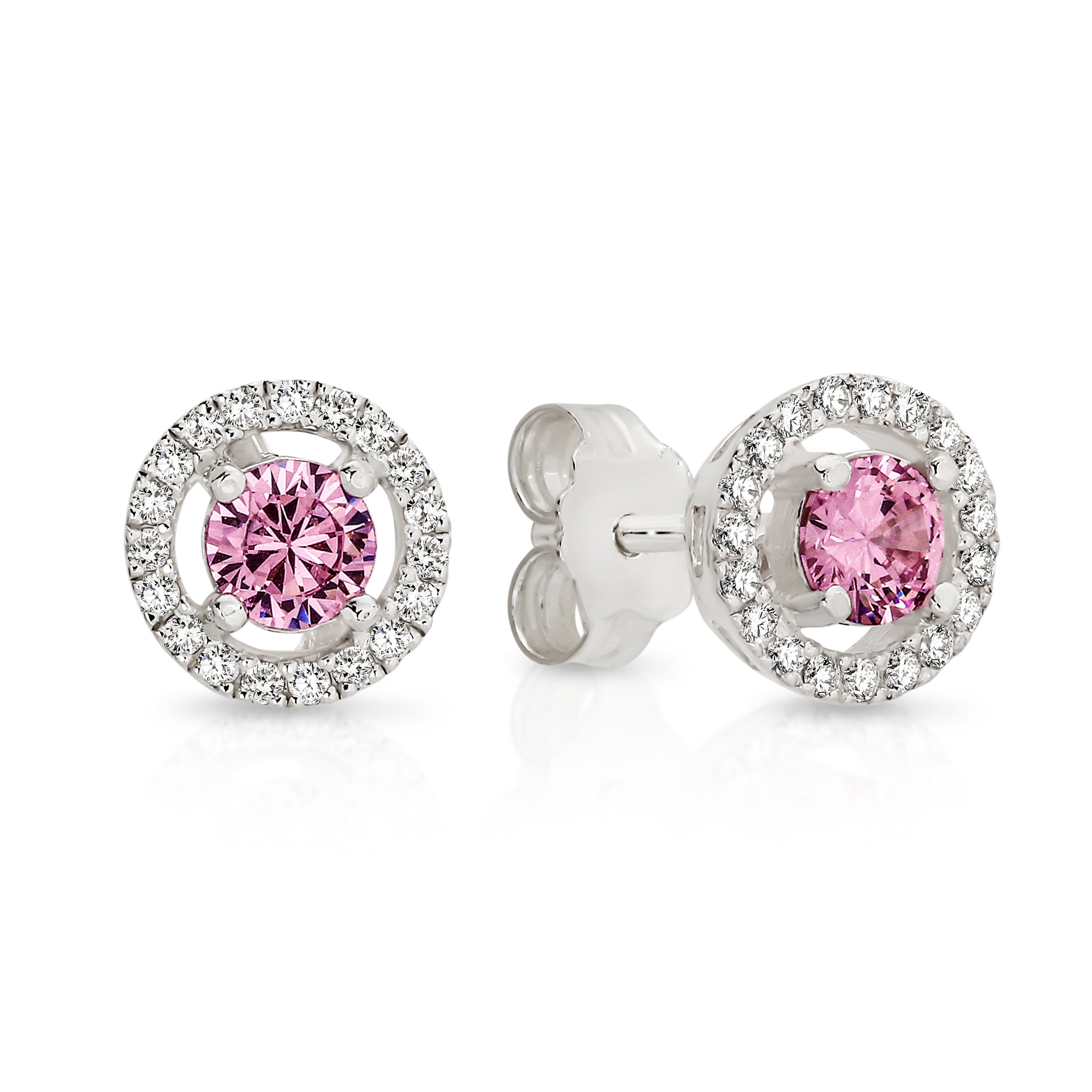 Silver pink cubic zirconia halo studs
