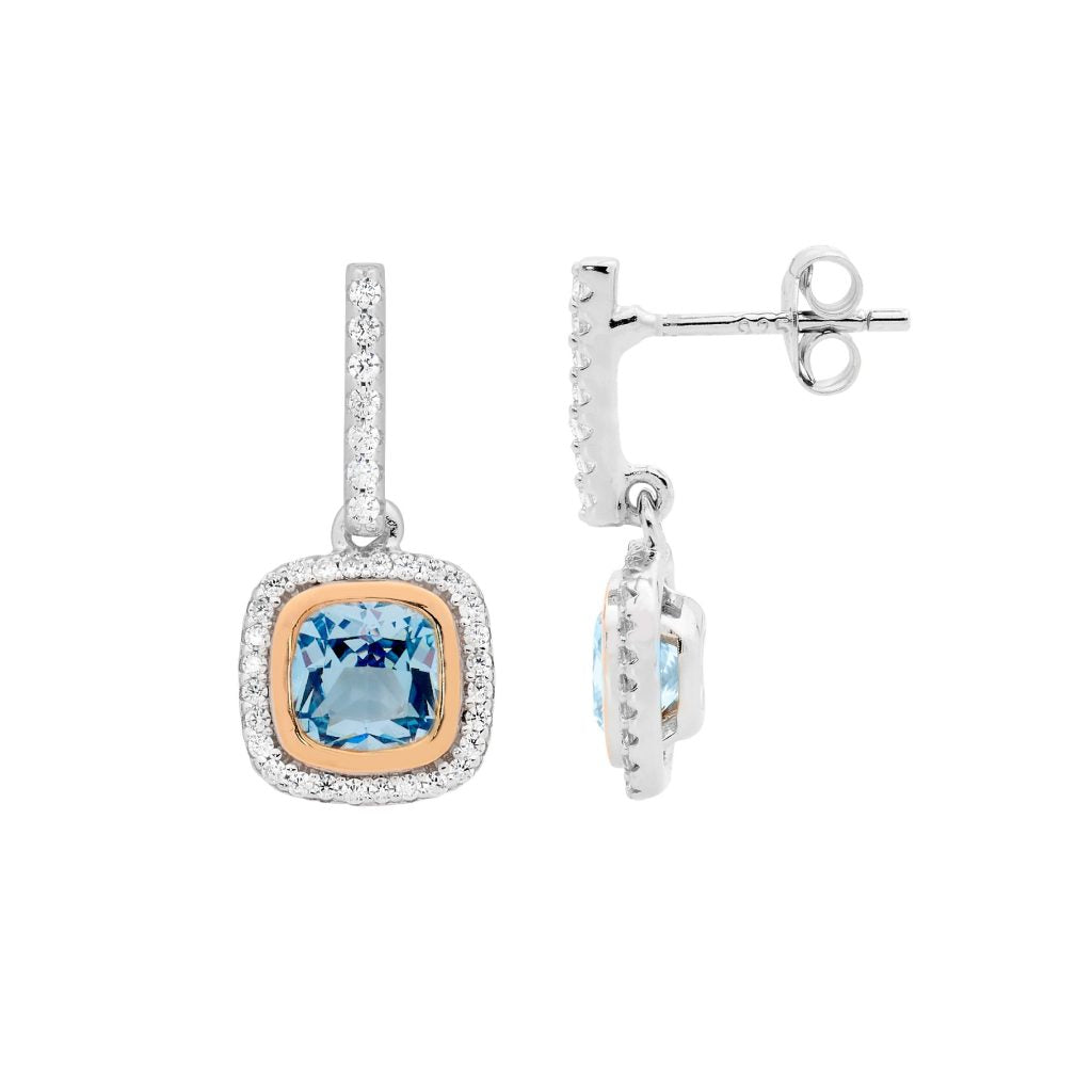 ELLANI Silver Rose Gold Plated Bezel Set Blue Cushion Cut Drops With Cubic Zirconia Halo