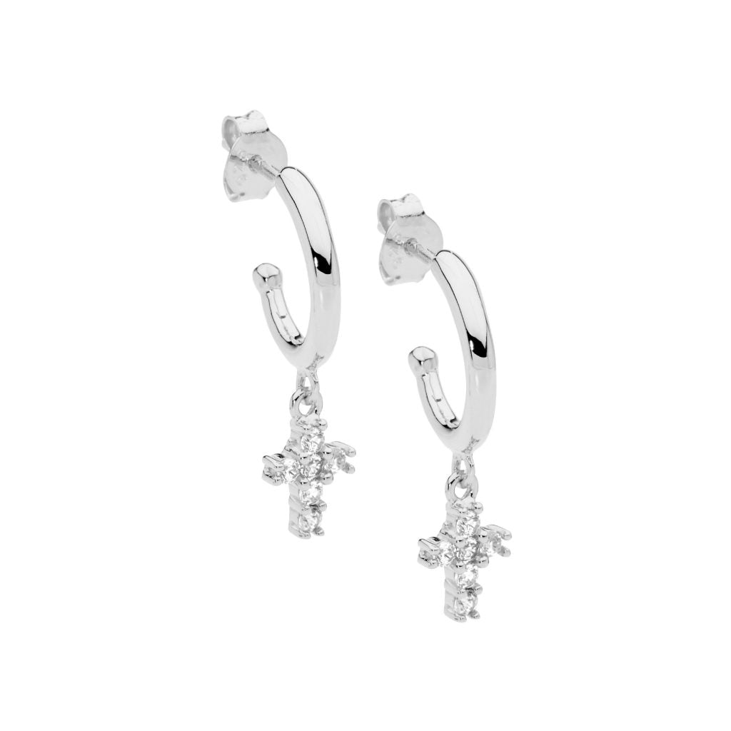 ELLANI Silver Hoop Earrings with CZ Cross Drop