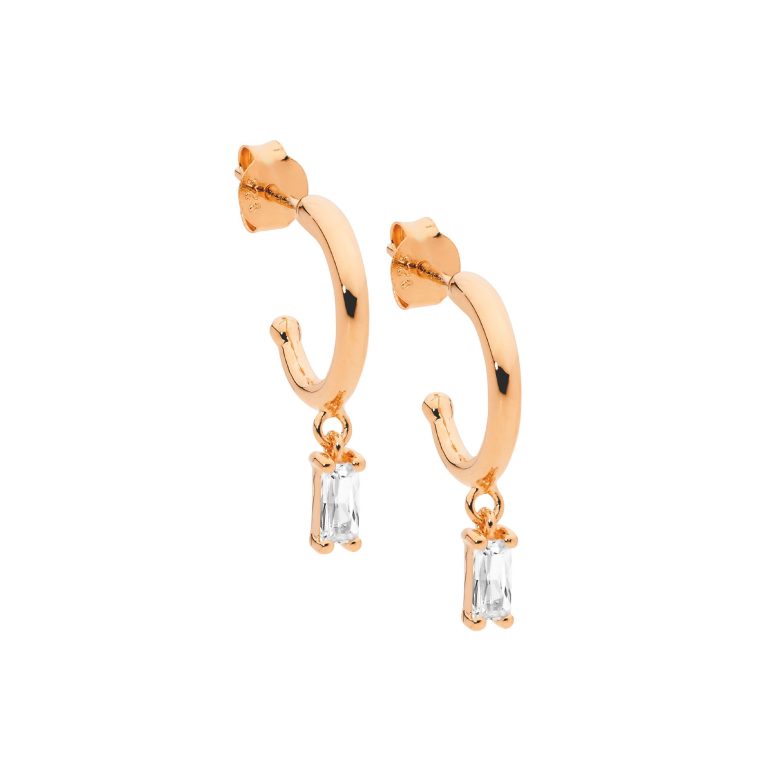 ELLANI Rose Gold Plated Hoop Earring With Baguette Cubic Zirconia Drop