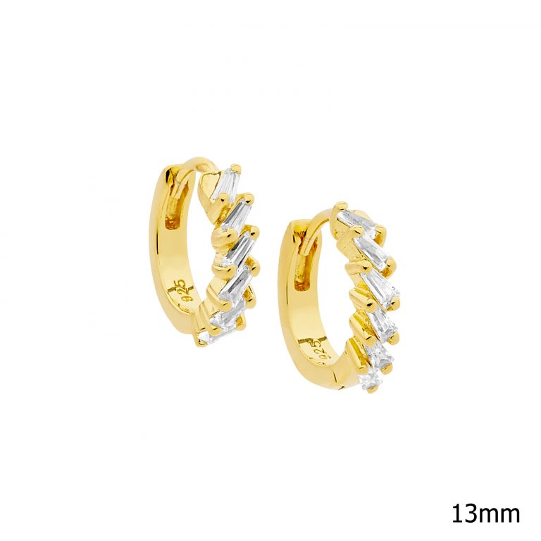 ELLANI Silver Gold Plated Hoops With Tapered Baguette Cubic Zirconia